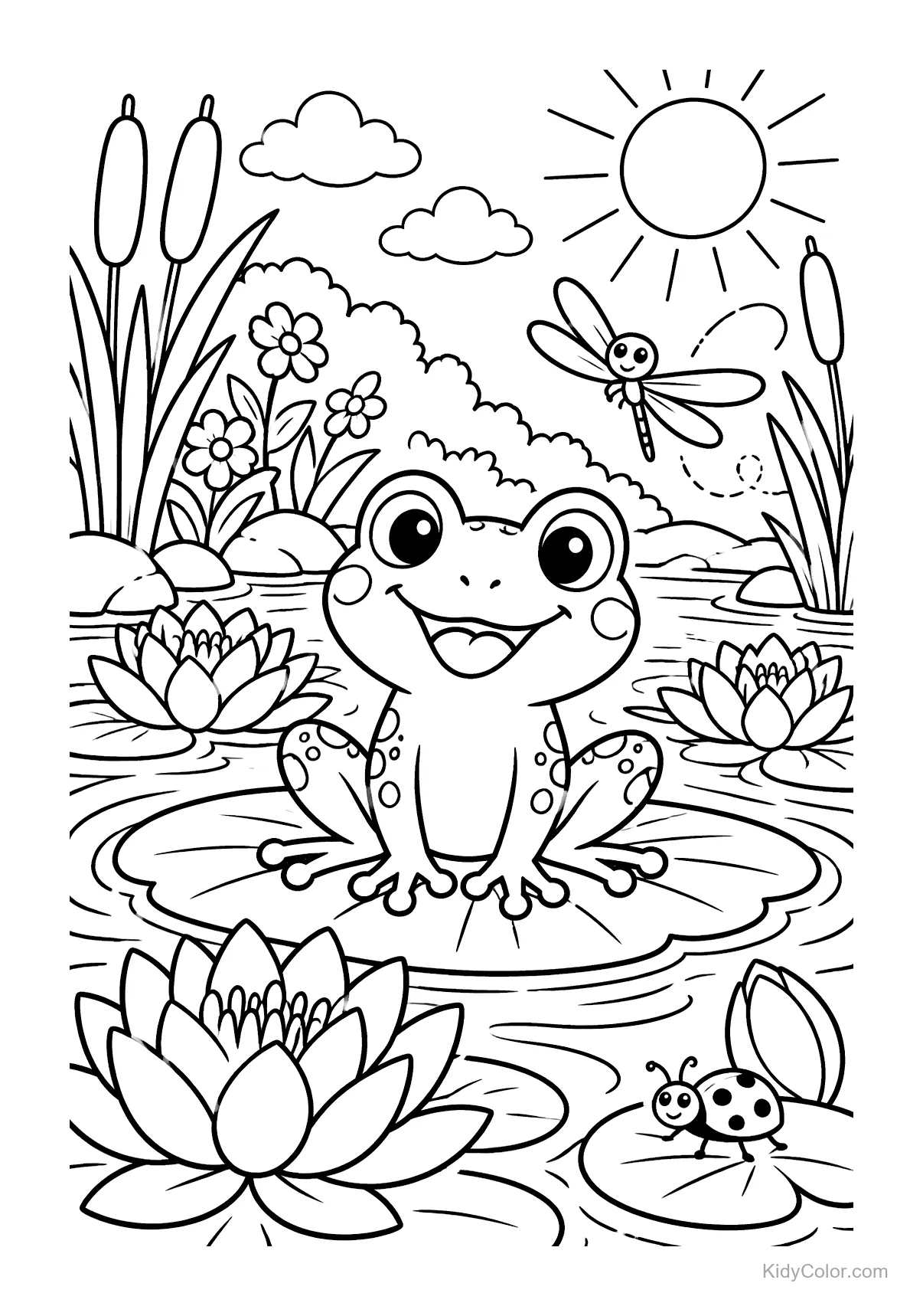 A frog on a lily pad in a pond with a dragonfly, ladybug, and flowers.
