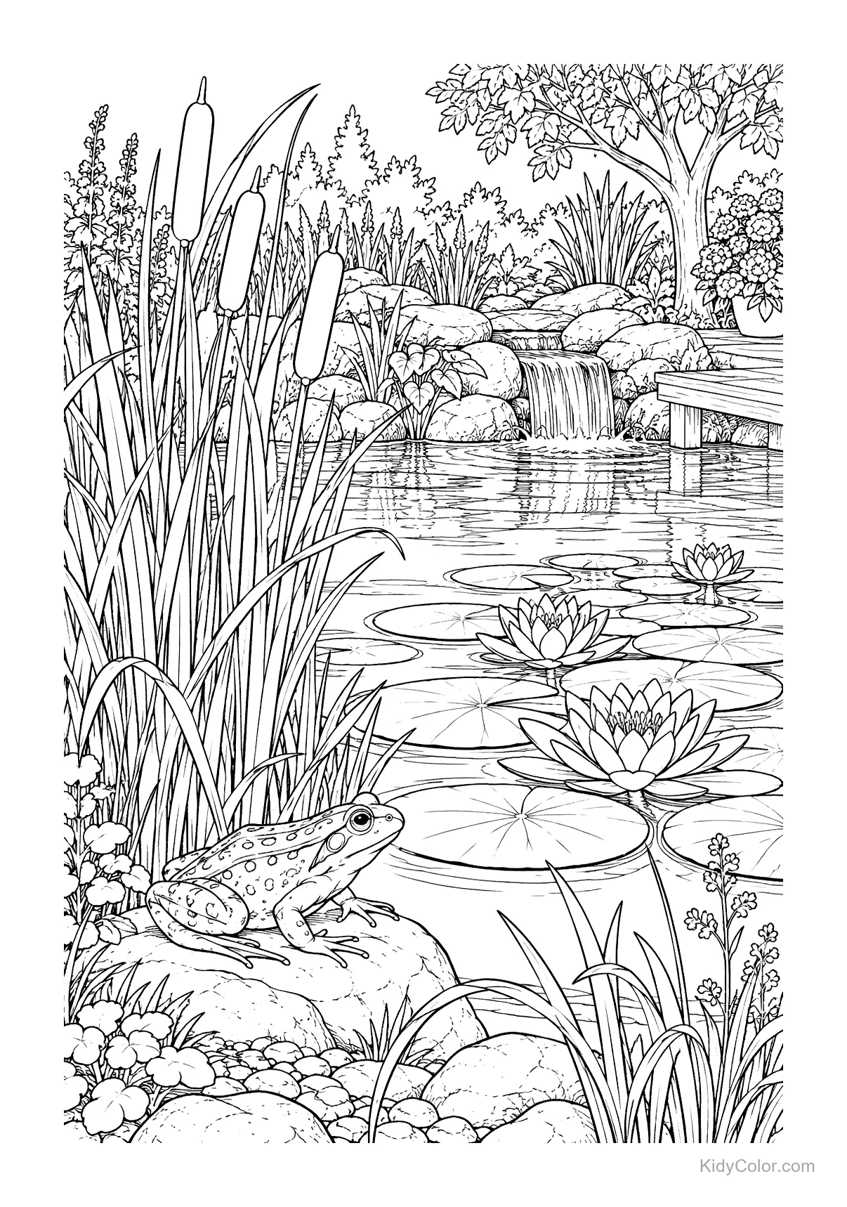 A frog by a pond with lily pads and reeds near a waterfall.