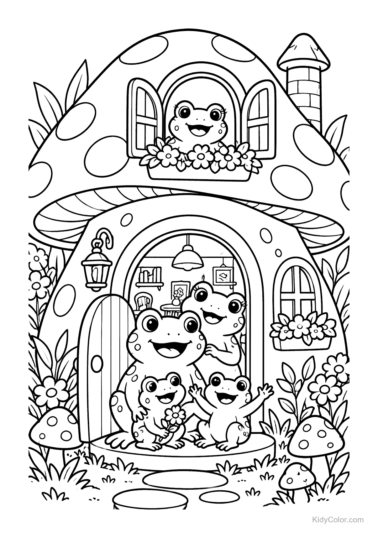 A frog family in a mushroom-shaped house with flowers.