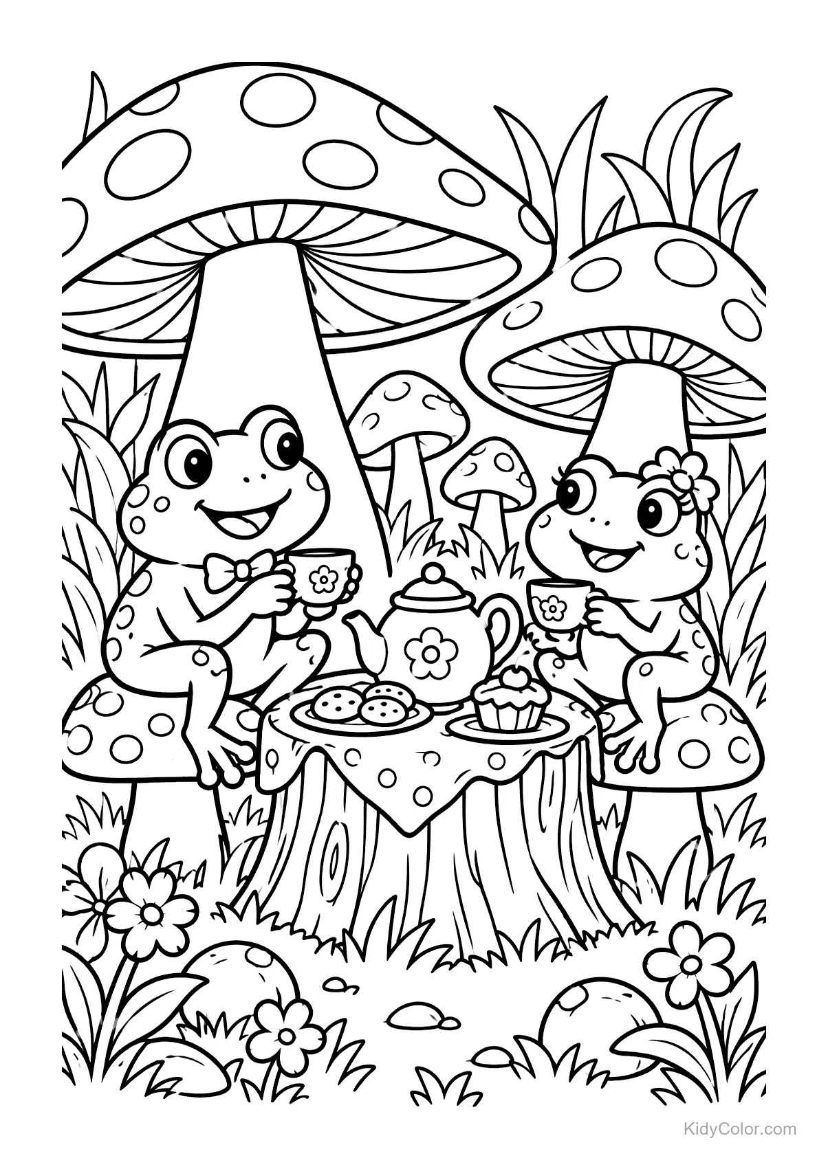 Two frogs having a tea party under large mushrooms with snacks.