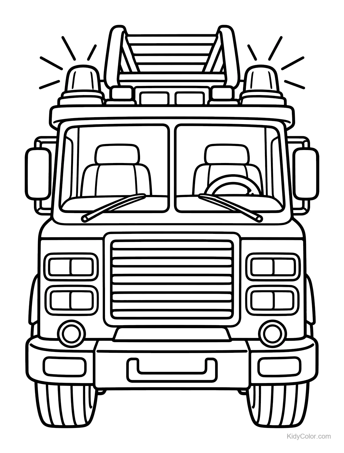 Front view of a fire truck with lights on top and a large grille.
