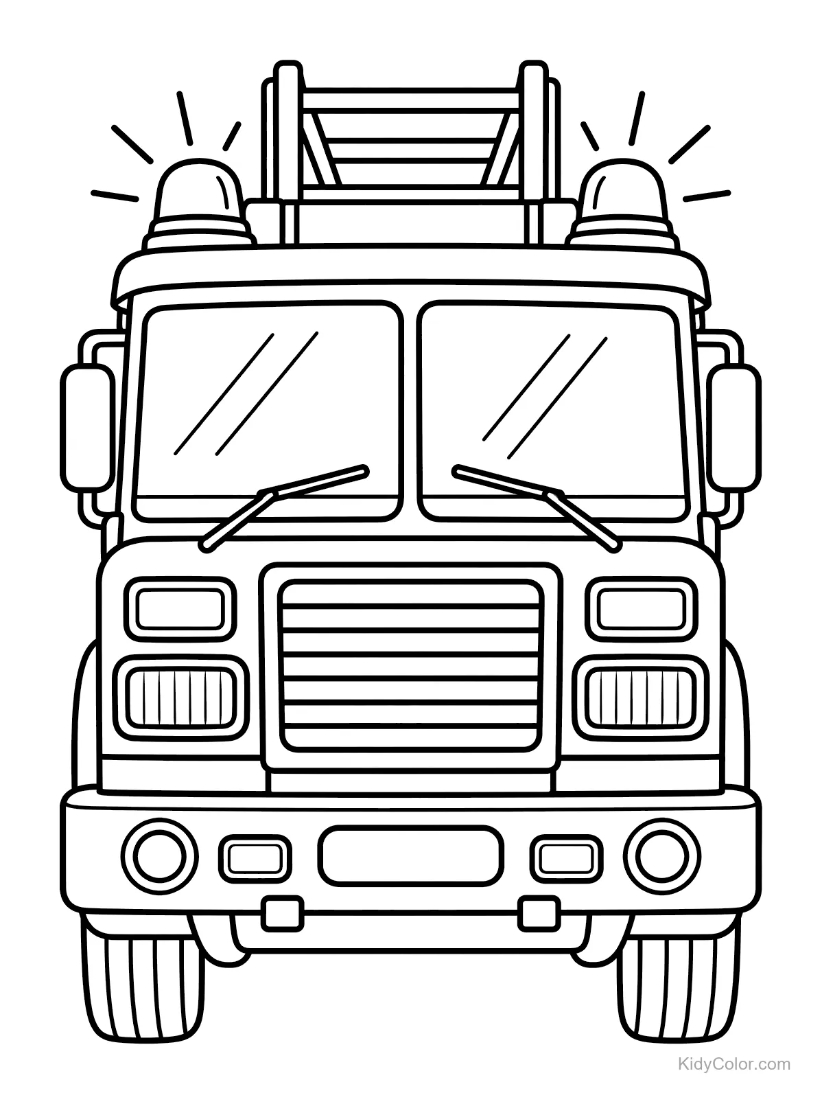 Front view of a fire truck with lights and a ladder.