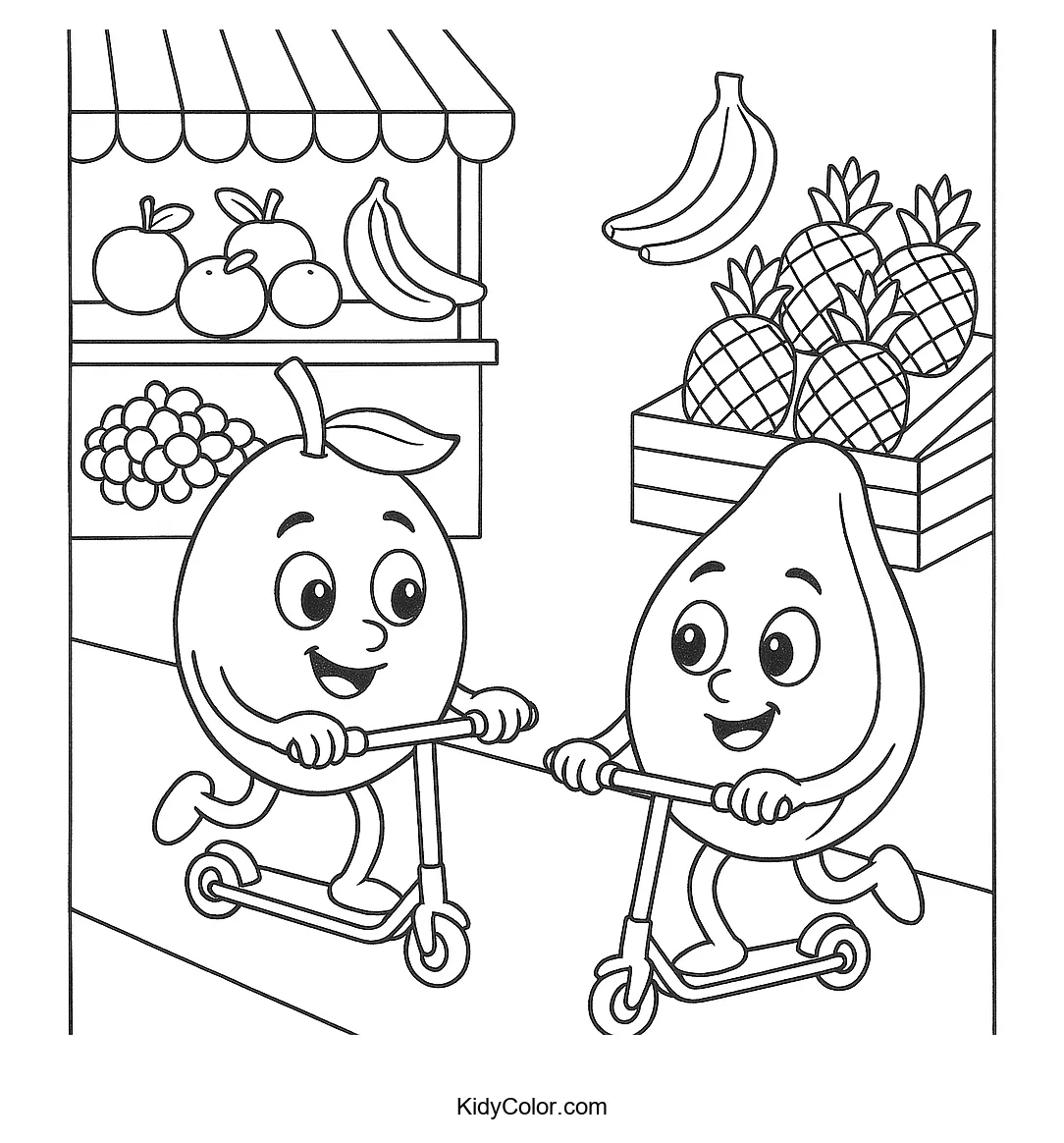 Fruits riding scooters in a market scene