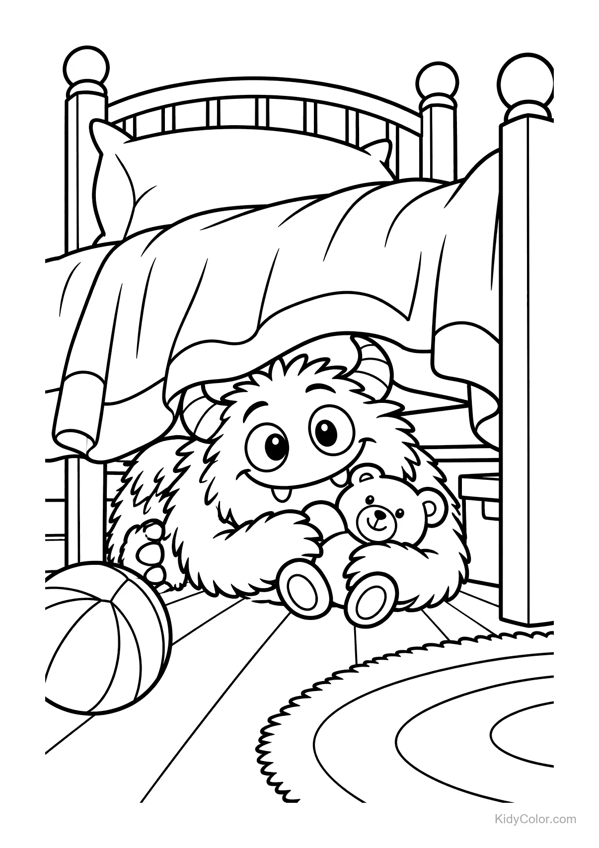 Monstro amigável com um ursinho debaixo de uma cama.