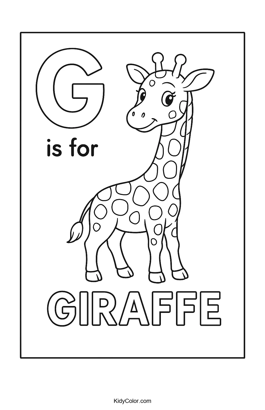 G is for Giraffe coloring page with outlined giraffe