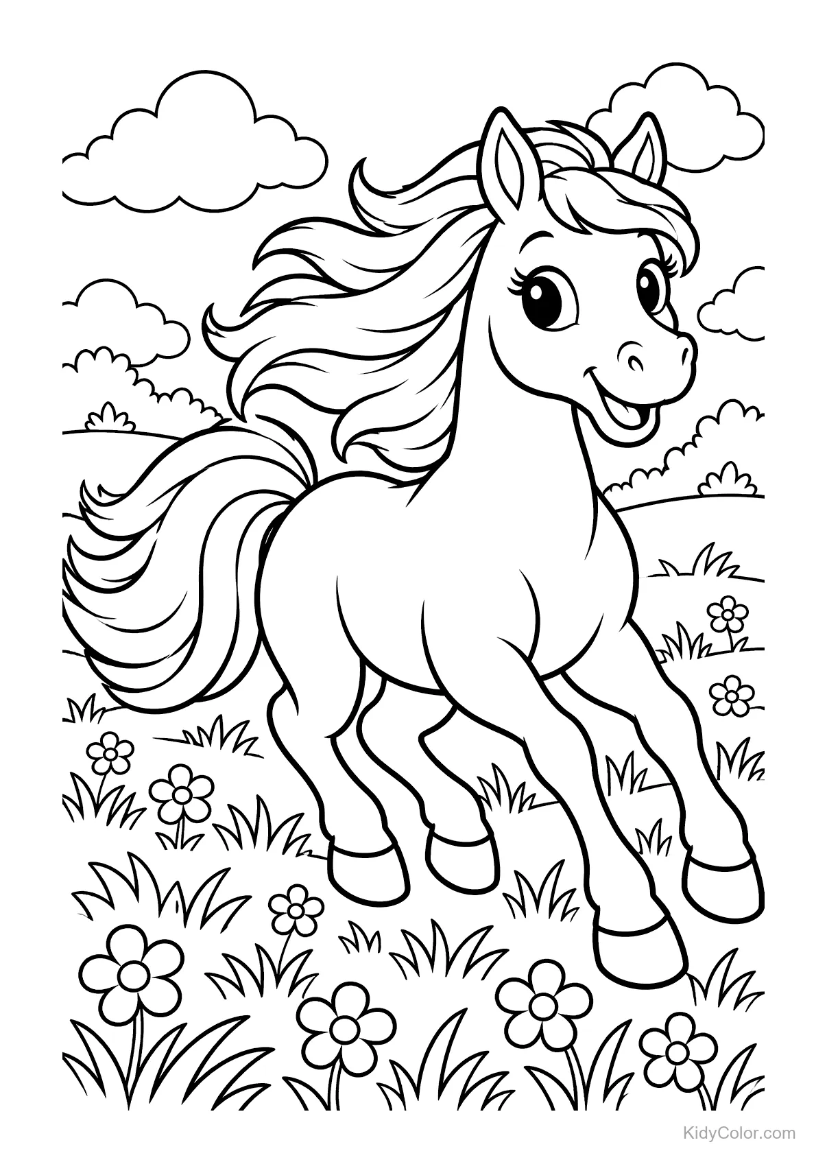 Caballo galopando en un prado con flores y nubes.