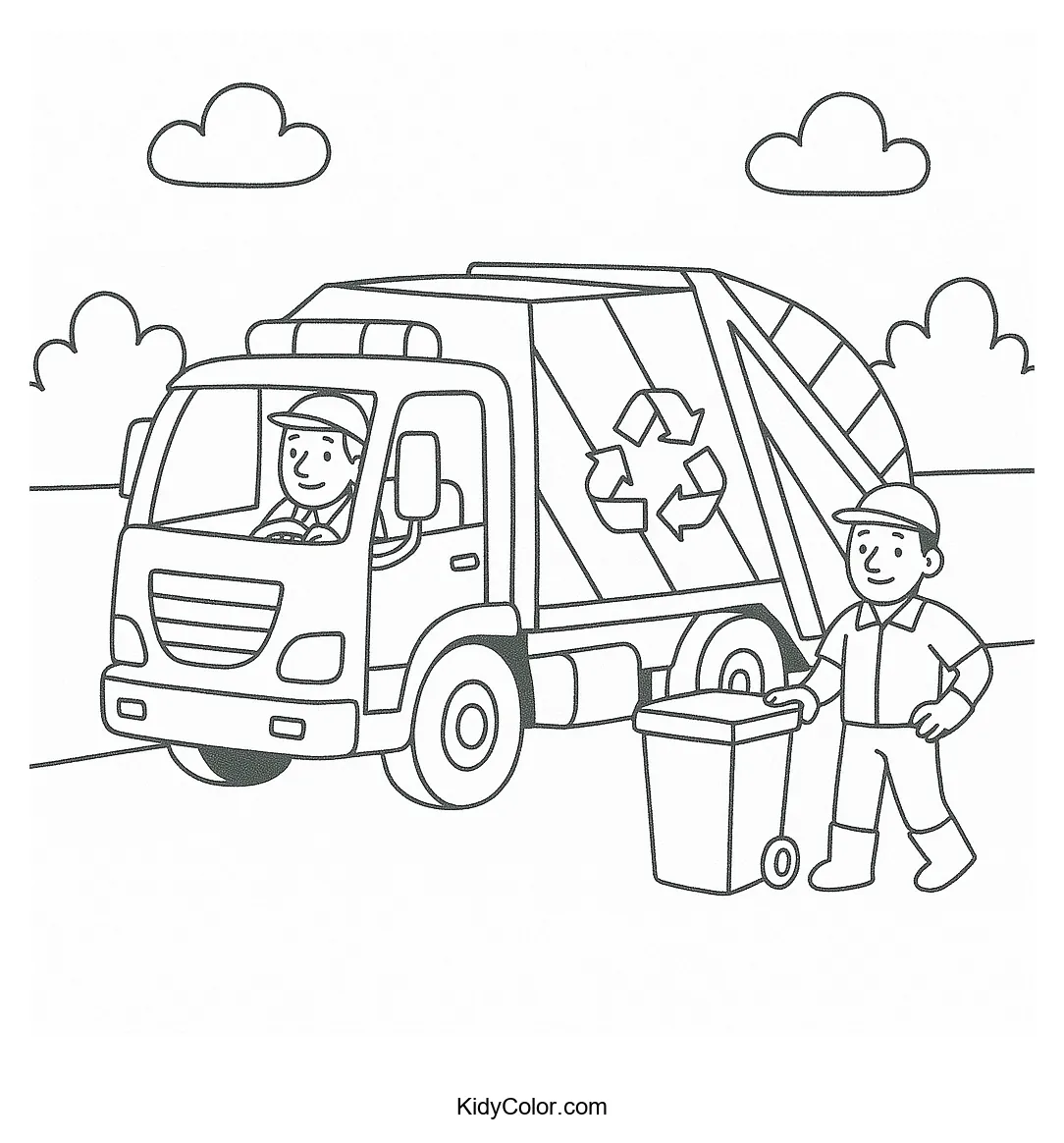 Coloring page of a garbage truck and a sanitation worker