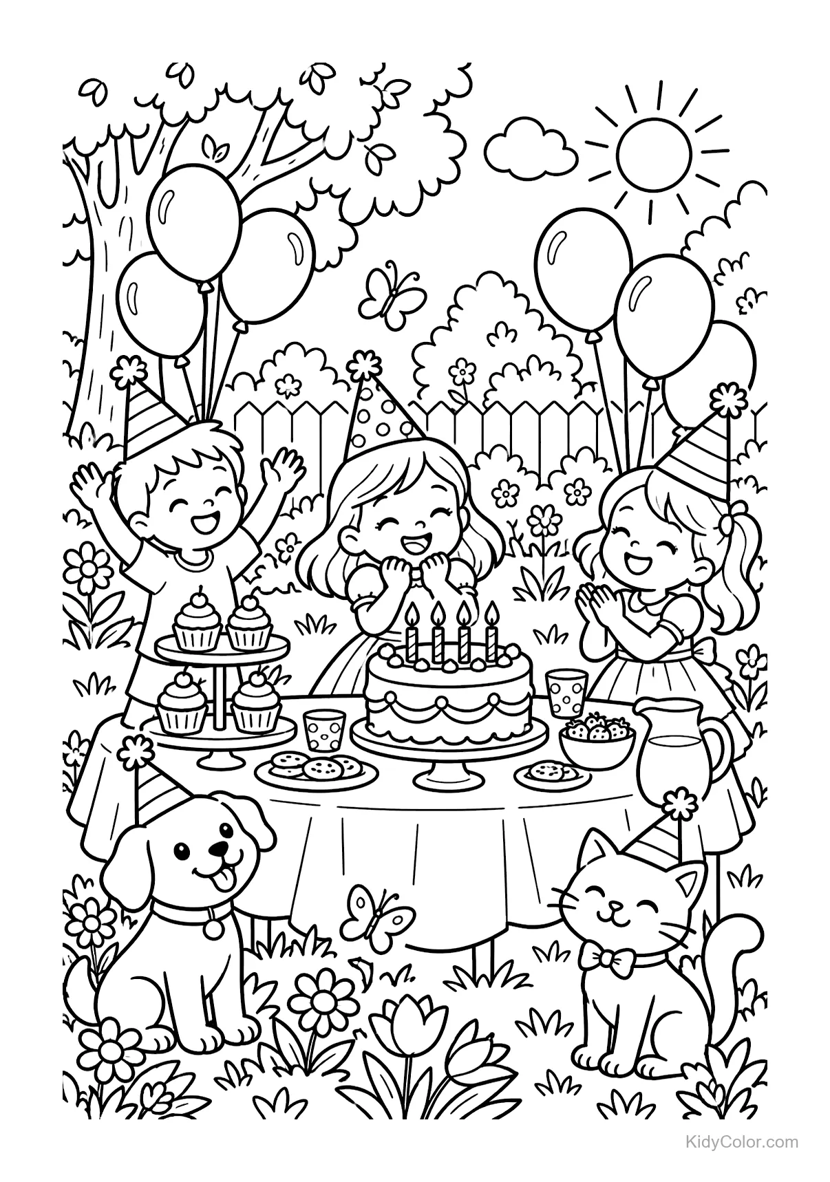 A garden birthday party with kids, balloons, cake, dog, and cat.