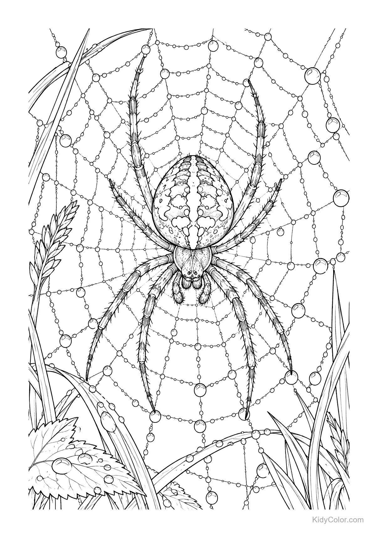 A garden spider on a dewy web with surrounding grass.