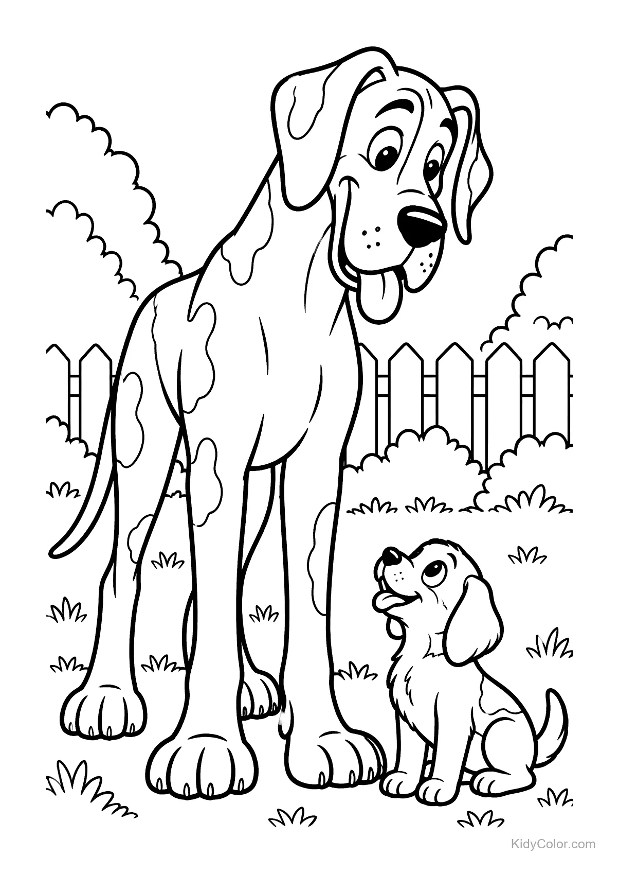 A large dog looks at a small puppy in a yard with a fence.
