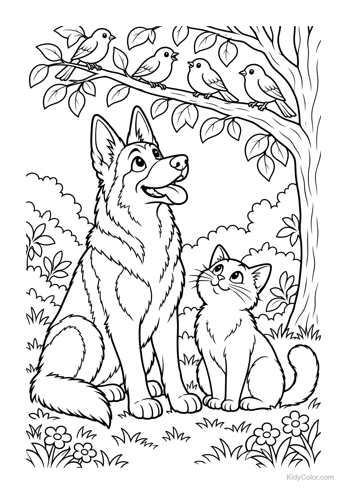 German Shepherd and cat sit under a tree watching birds.