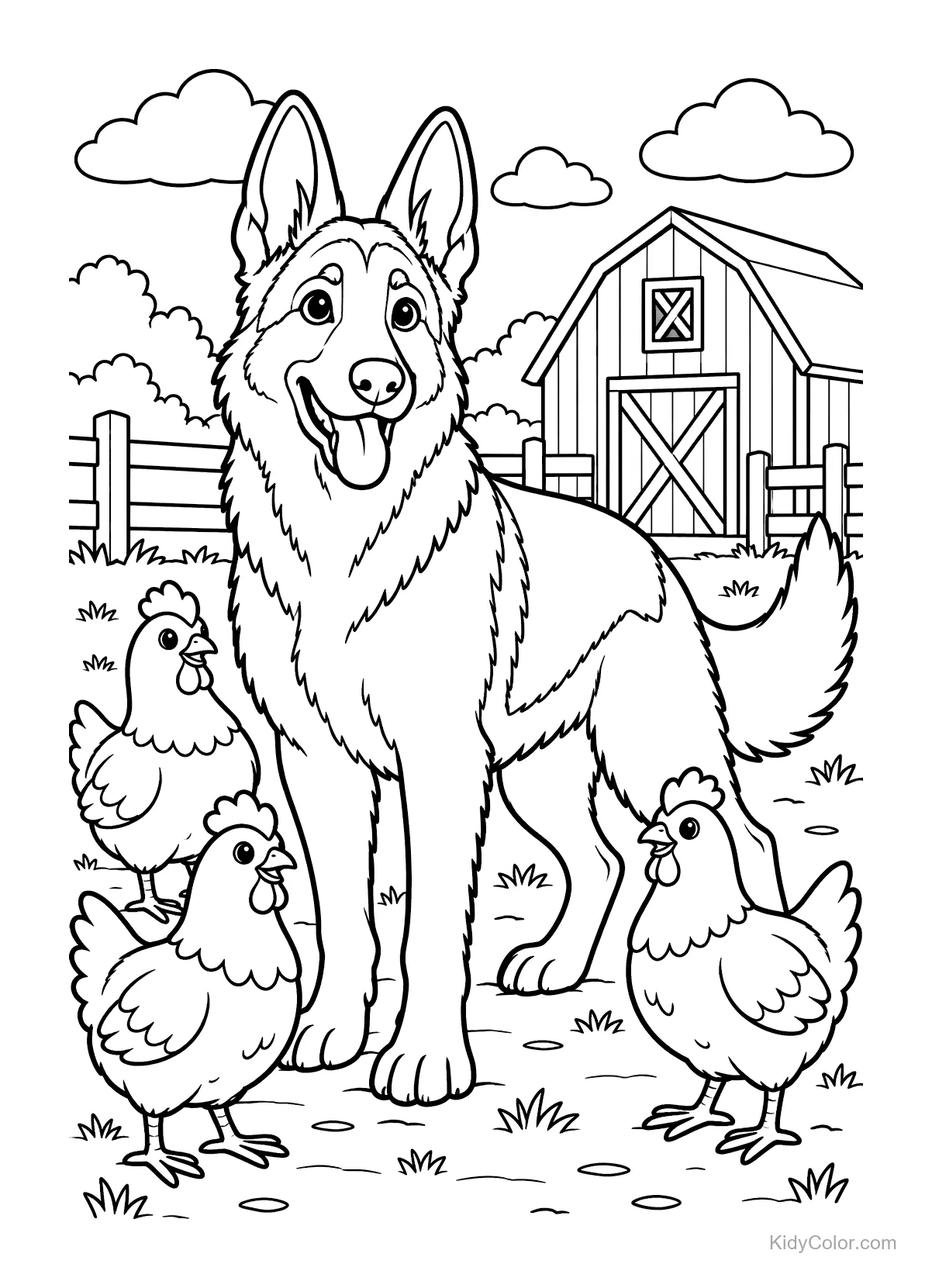 Deutscher Schäferhund mit drei Hühnern auf einem Bauernhof mit Scheune.