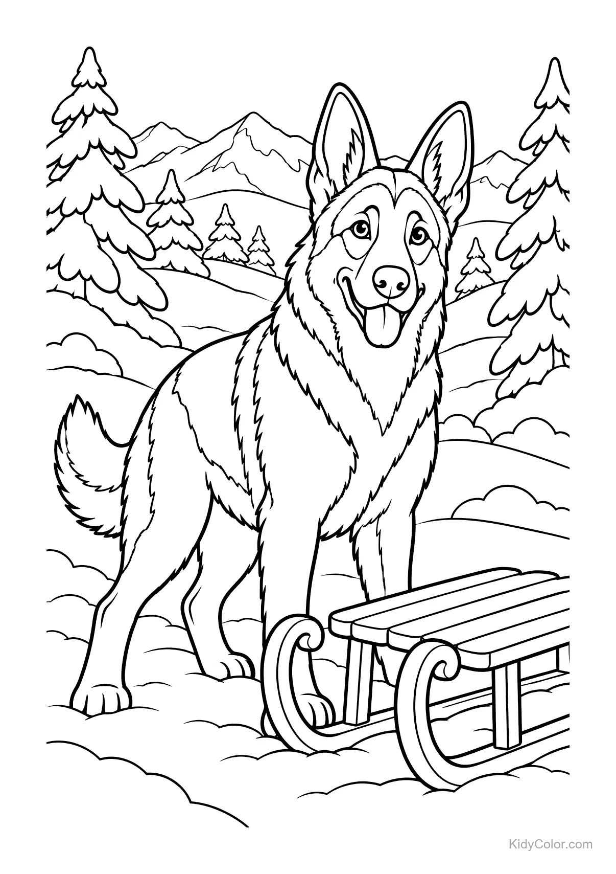 Deutscher Schäferhund neben Schlitten in schneebedeckter Landschaft mit Bäumen.