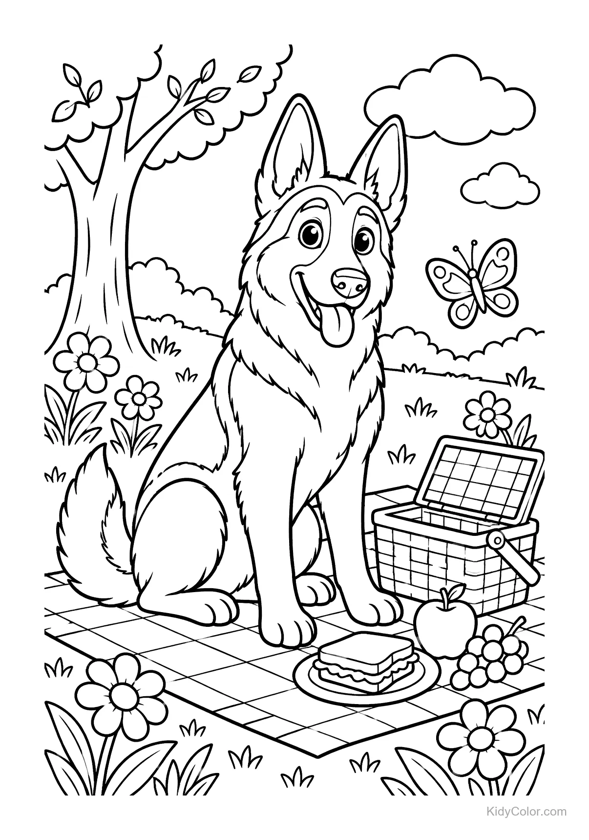 Duitse herder bij een picknickmand met een broodje en appel.