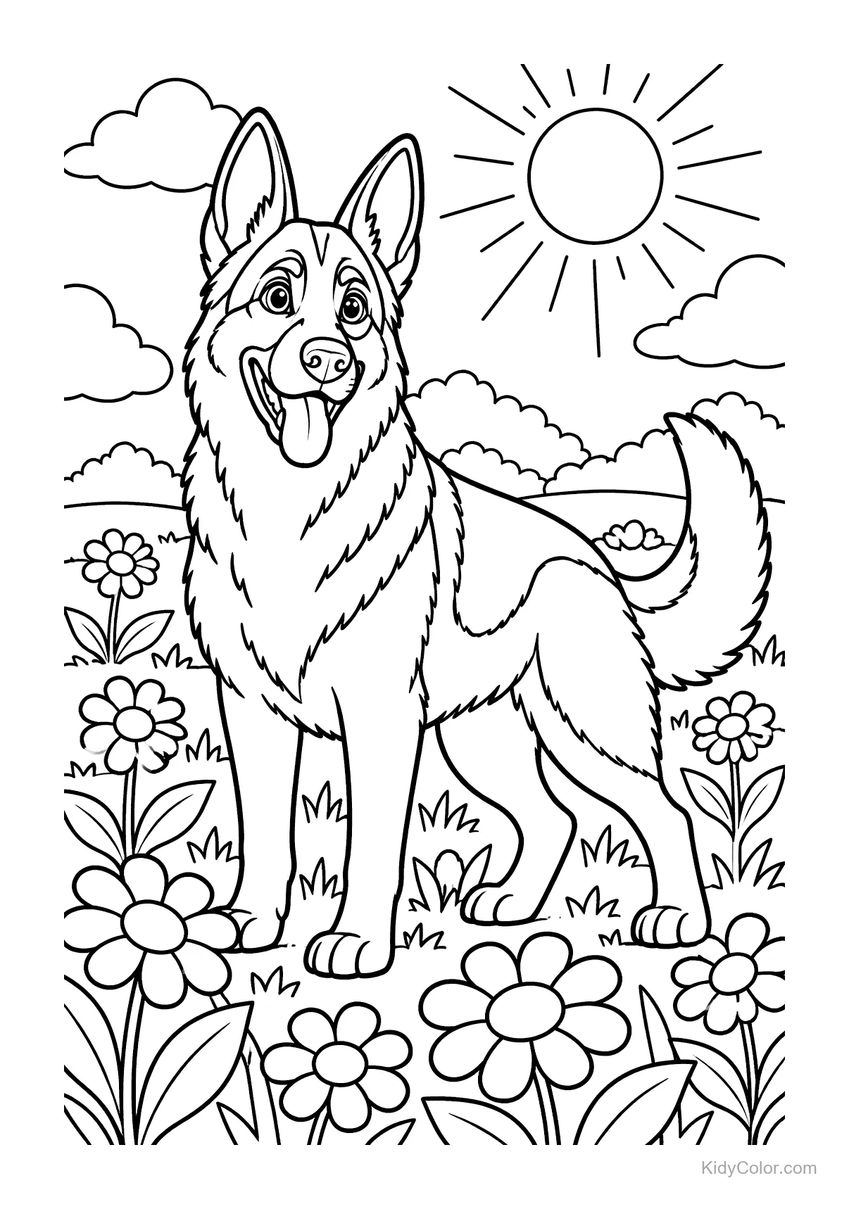 A German Shepherd stands in a field of flowers with a bright sun overhead.
