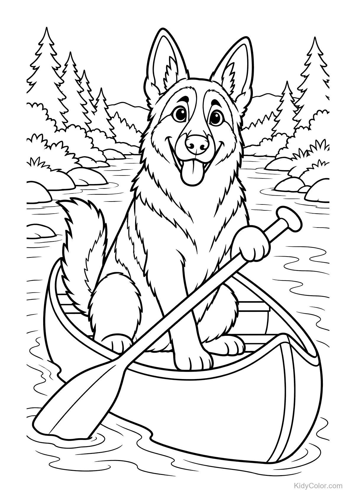 German Shepherd sitting in a canoe with a paddle on a river.
