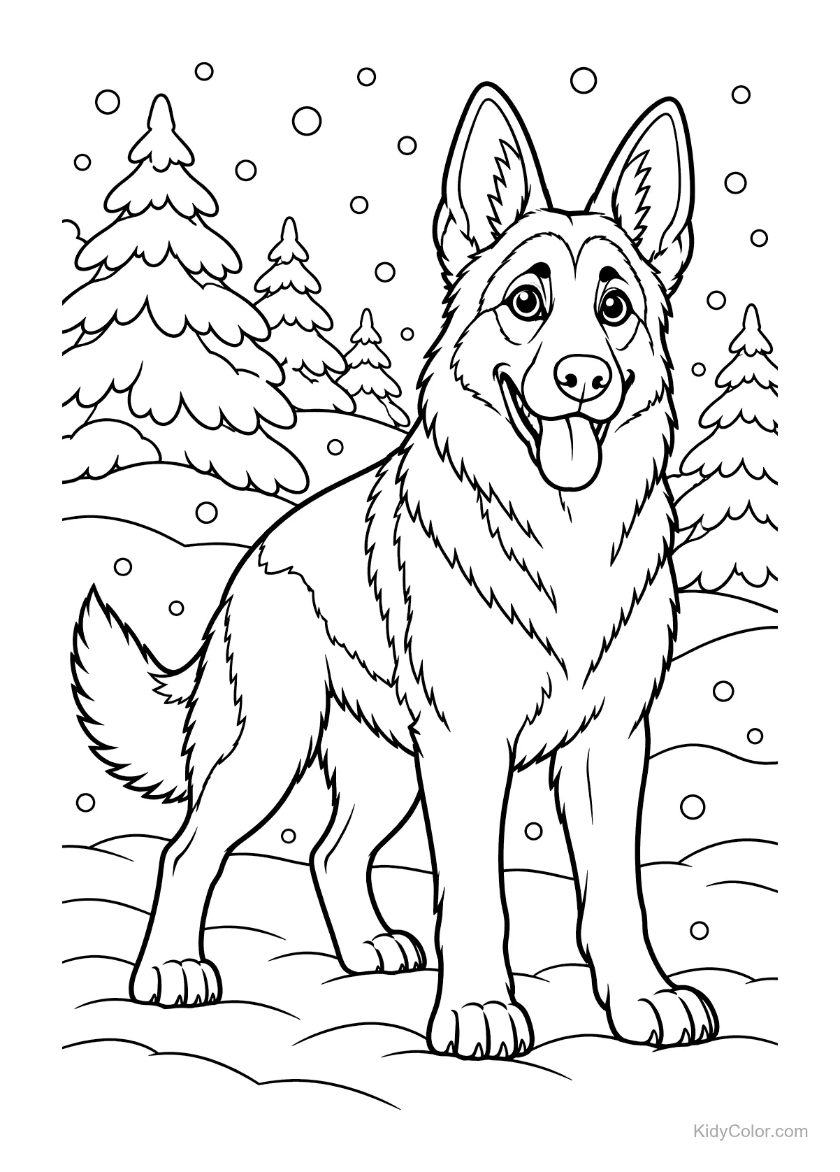 Ein Deutscher Schäferhund steht in einem verschneiten Wald mit Tannenbäumen.