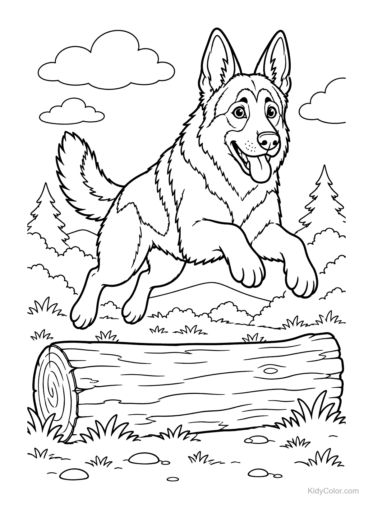 Deutscher Schäferhund springt über einen Baumstamm mit Bäumen und Wolken im Hintergrund.