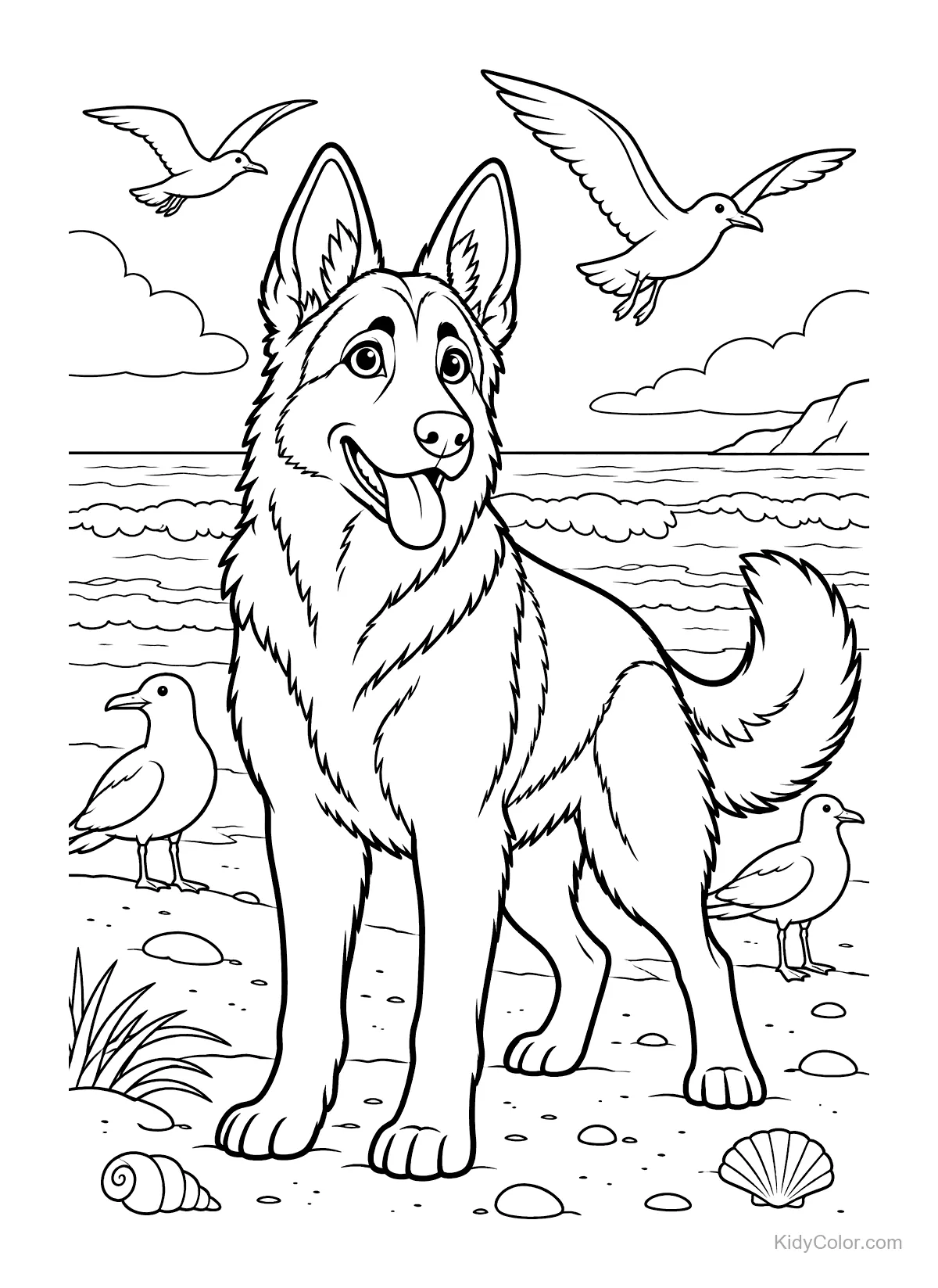 German Shepherd on a beach with seagulls flying around.