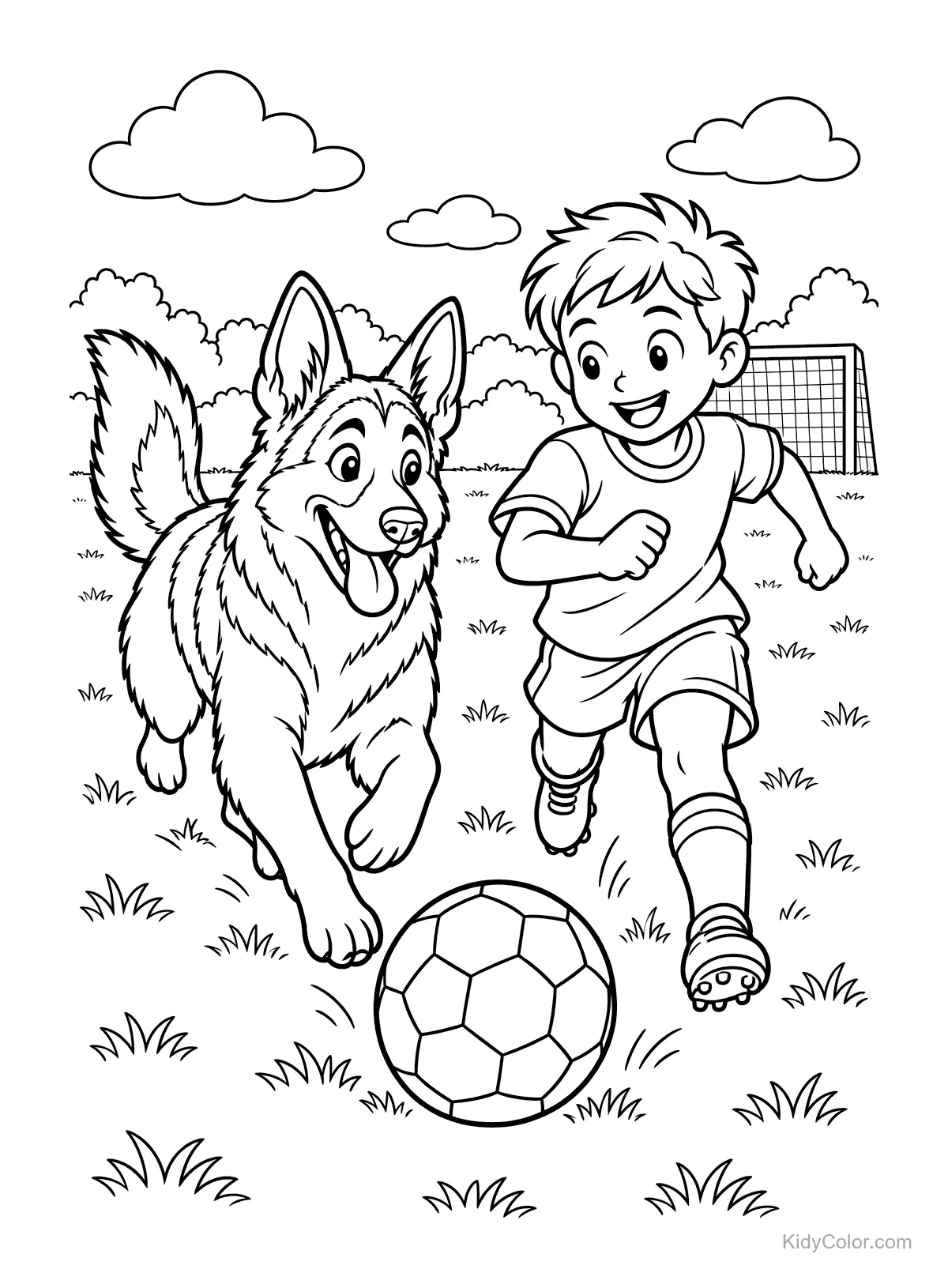 A German Shepherd dog and a child playing with a soccer ball in a field.