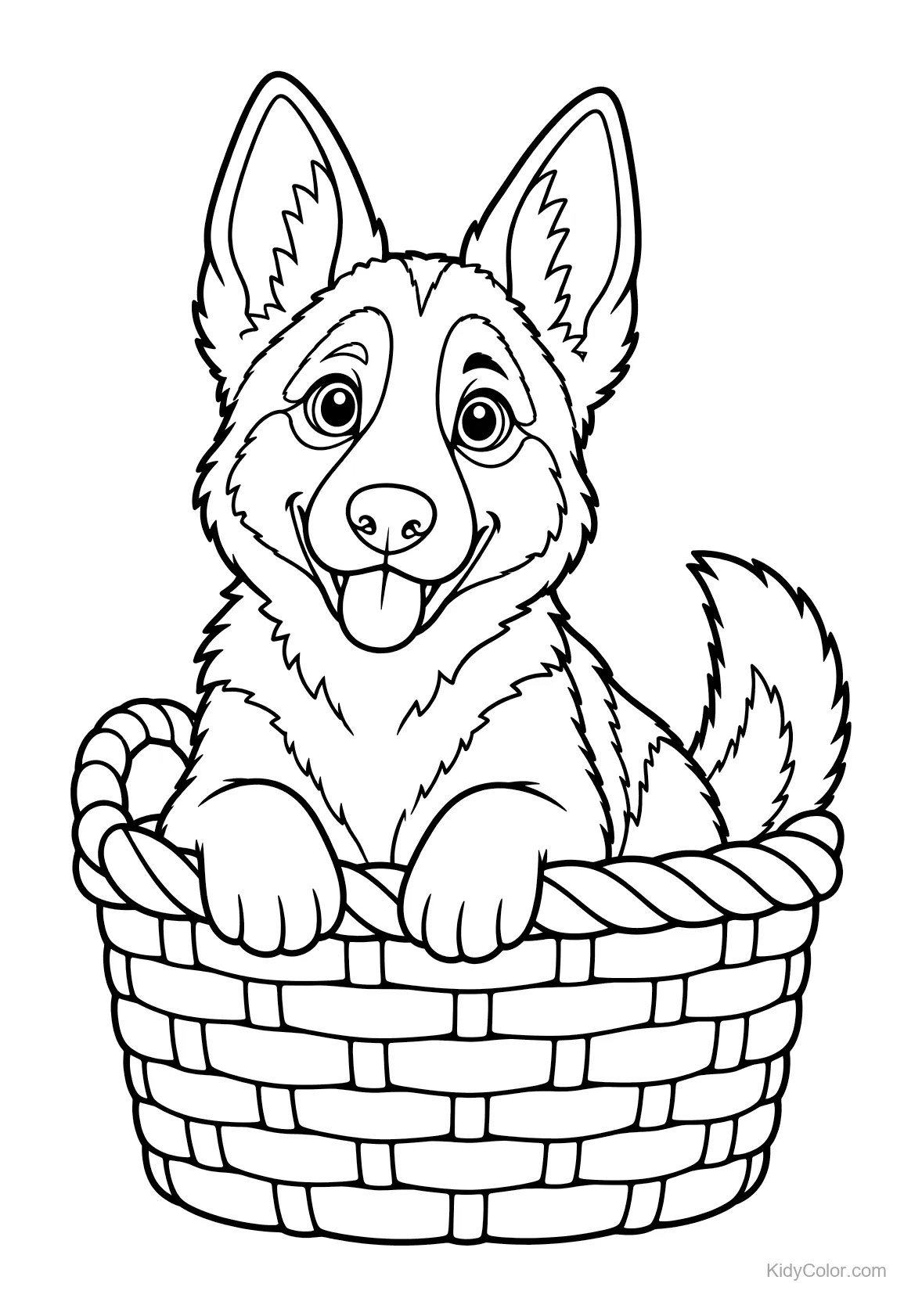 German Shepherd puppy sitting in a woven basket.