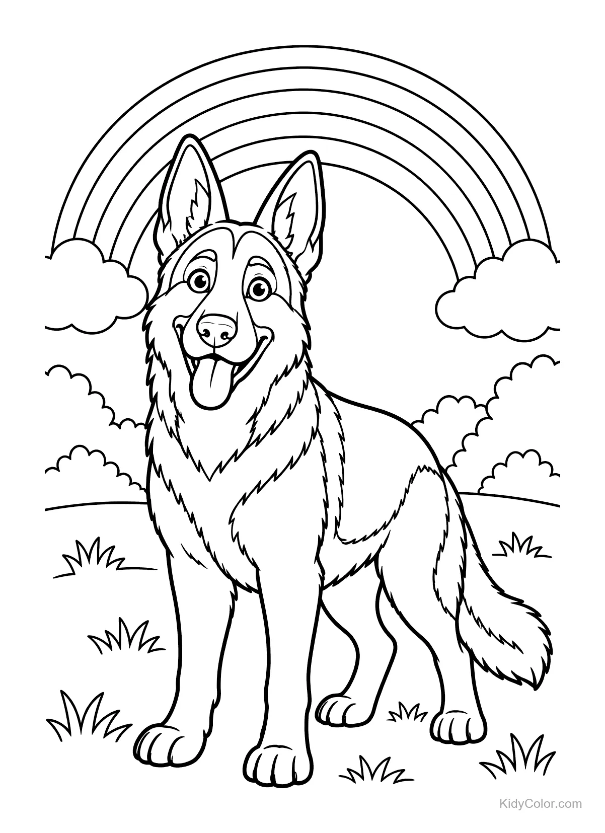 Deutscher Schäferhund unter einem Regenbogen auf einer Wiese.