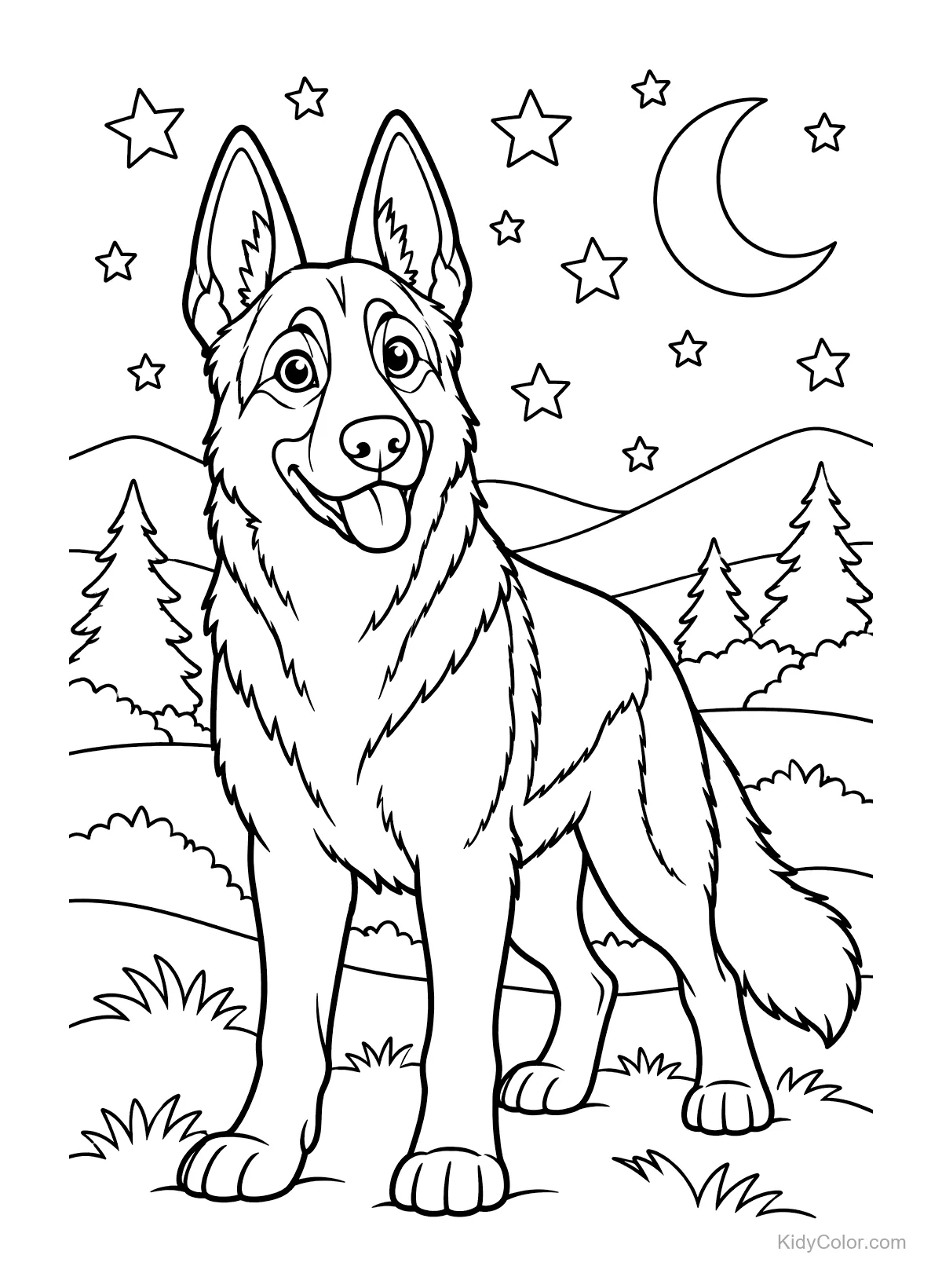 Deutscher Schäferhund steht unter einem Himmel mit Sternen und Halbmond.