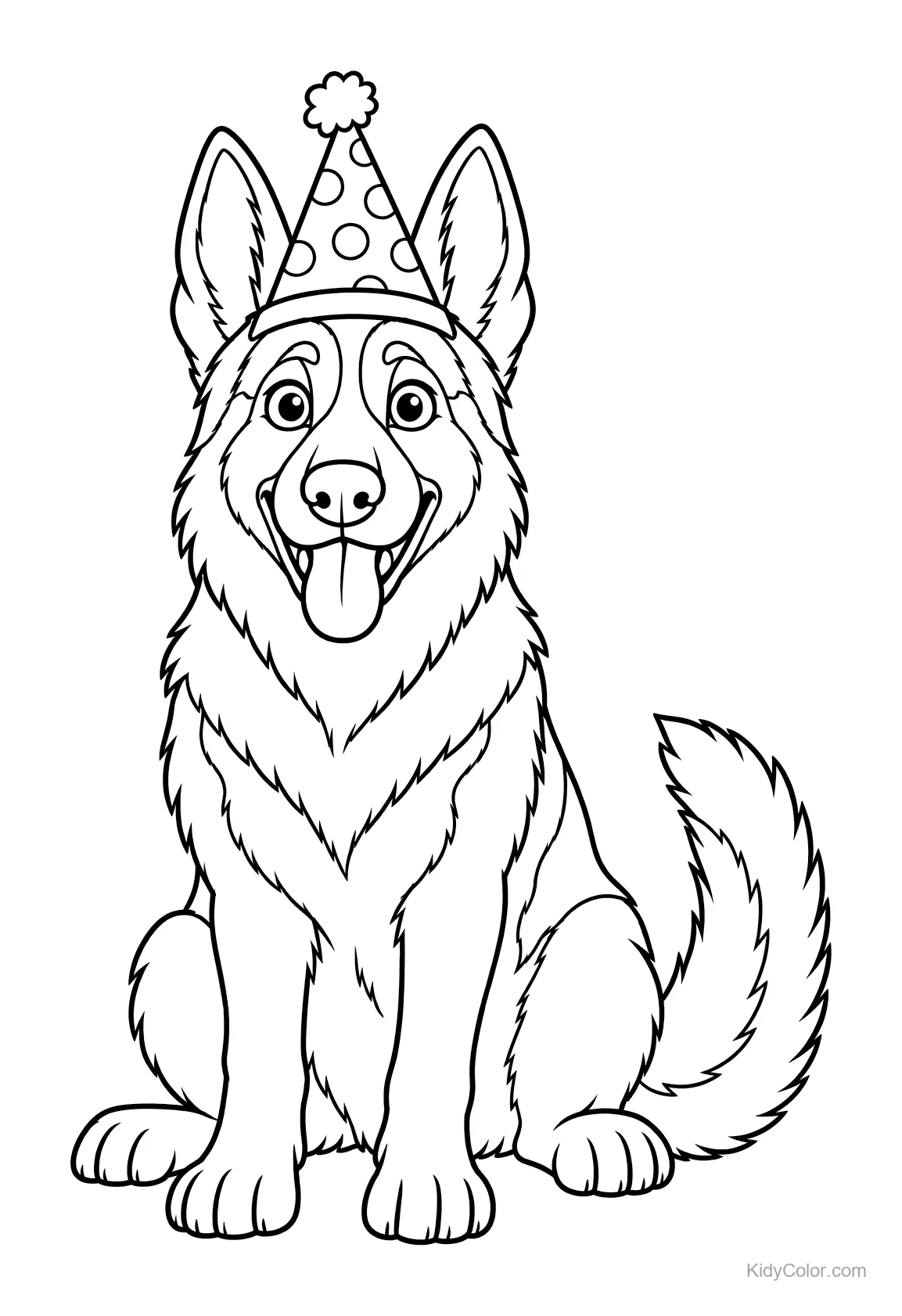 German Shepherd sitting with a party hat, smiling.