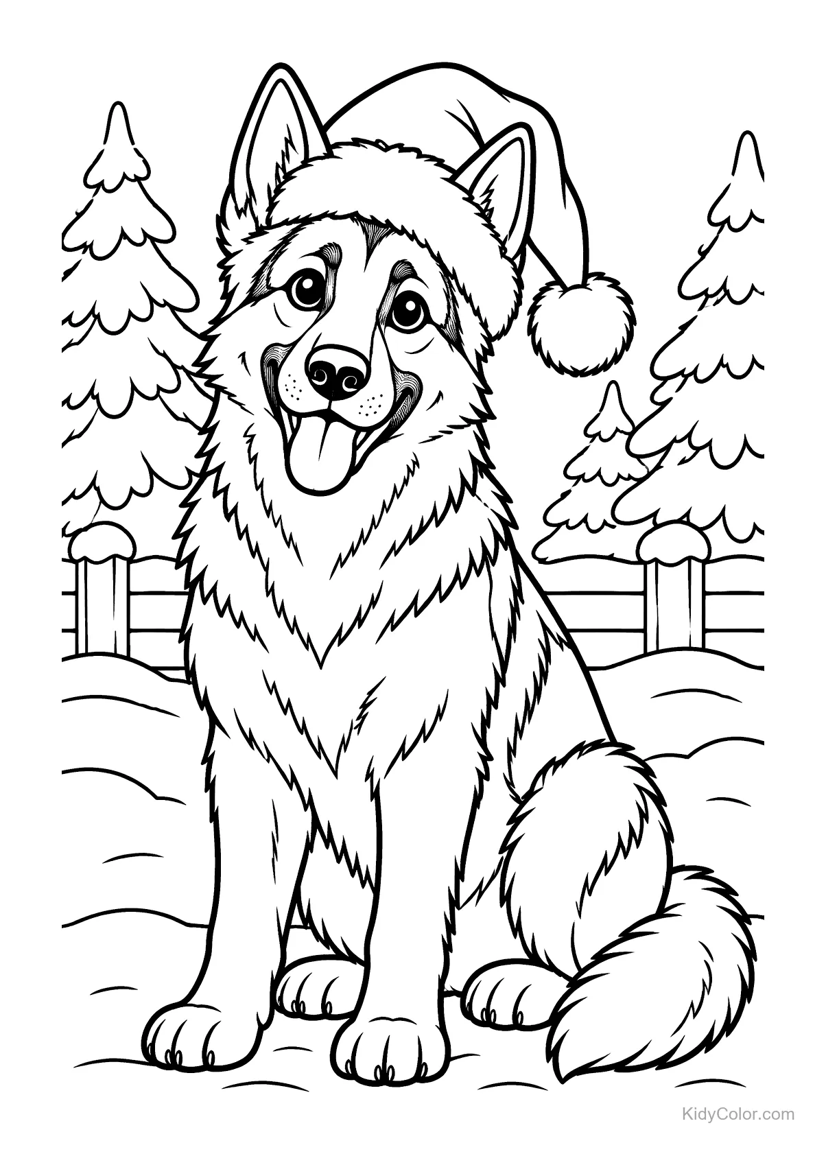 German Shepherd sitting in snow wearing a Santa hat with trees in the background.