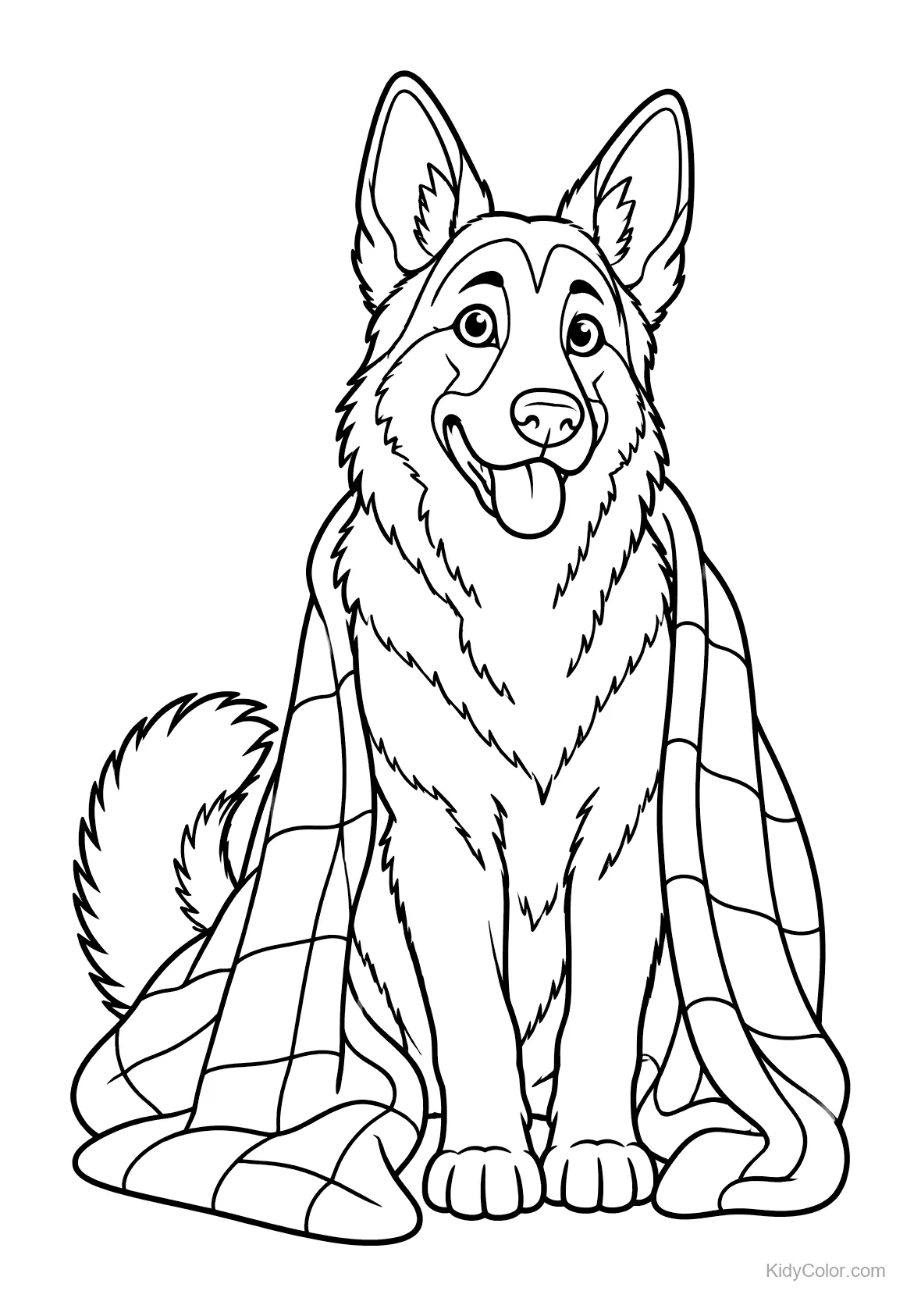 German Shepherd sitting with a blanket over its back.