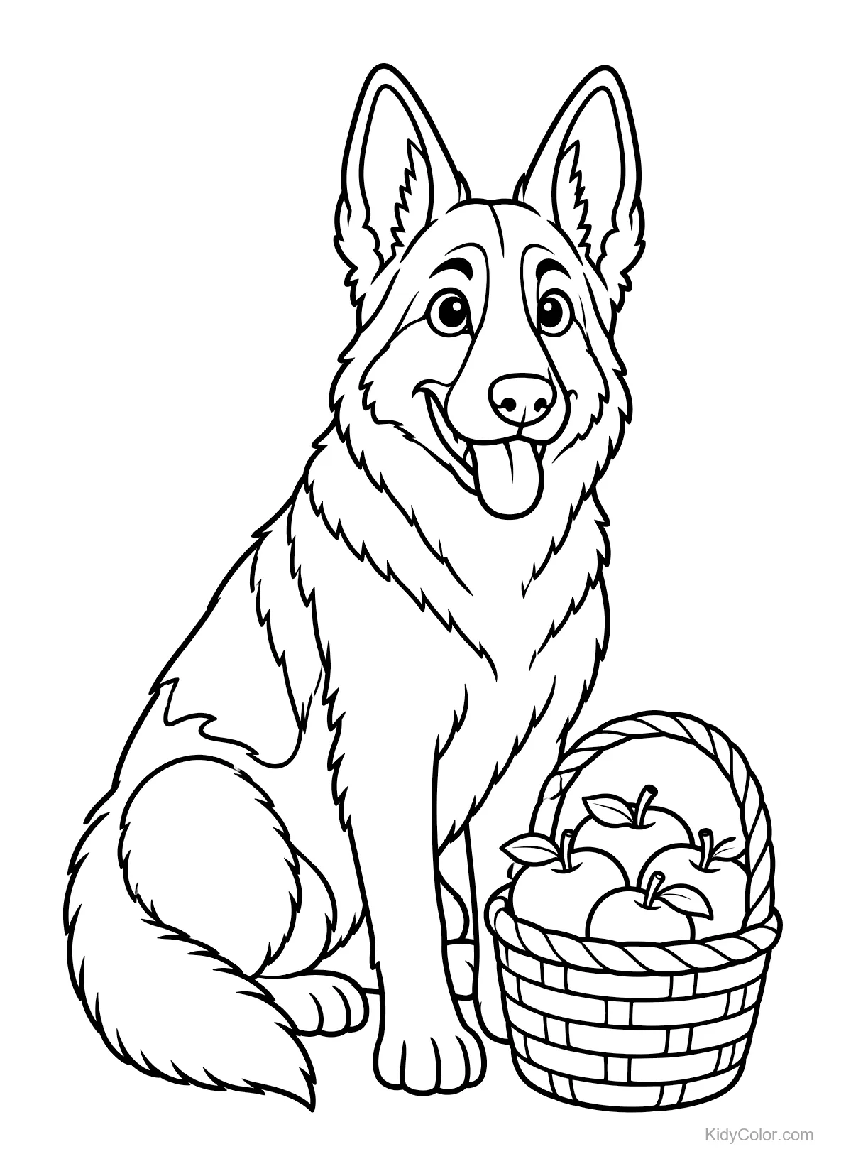 Deutscher Schäferhund sitzt neben einem Apfelkorb.