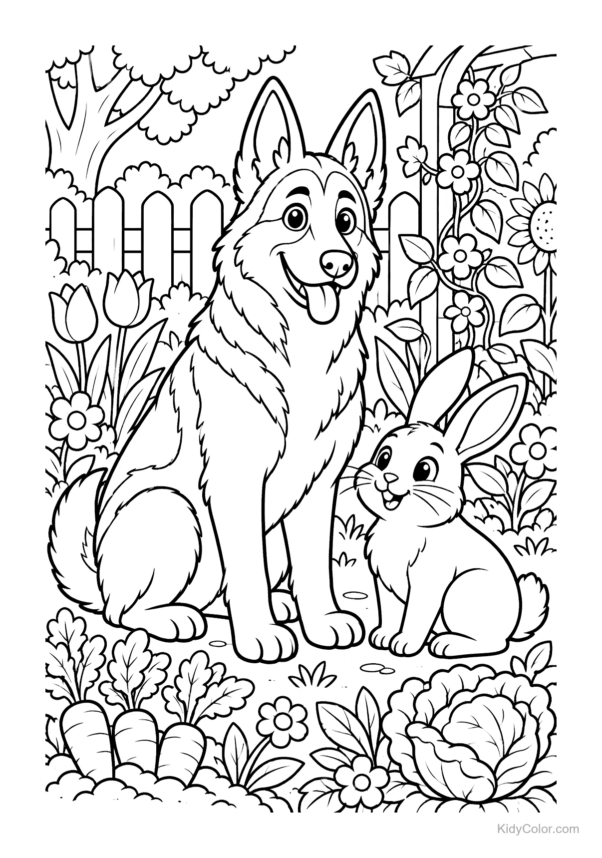Berger allemand assis dans un jardin avec un lapin et des fleurs.