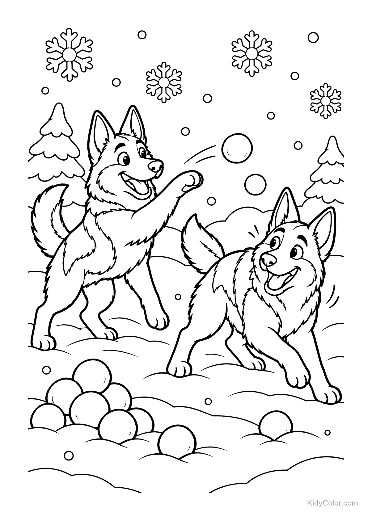 Two German Shepherds playing in the snow with snowballs and trees.