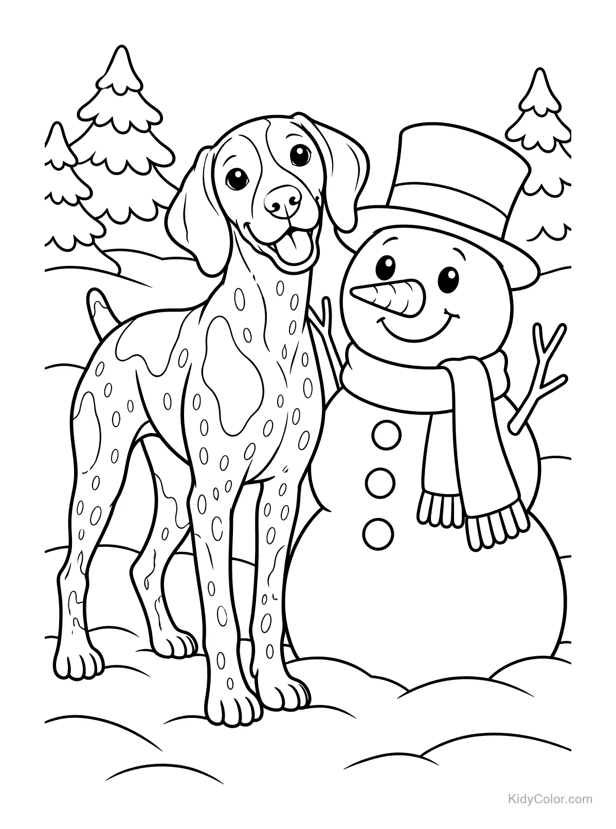Duitse staande hond naast een sneeuwman met bomen op de achtergrond.