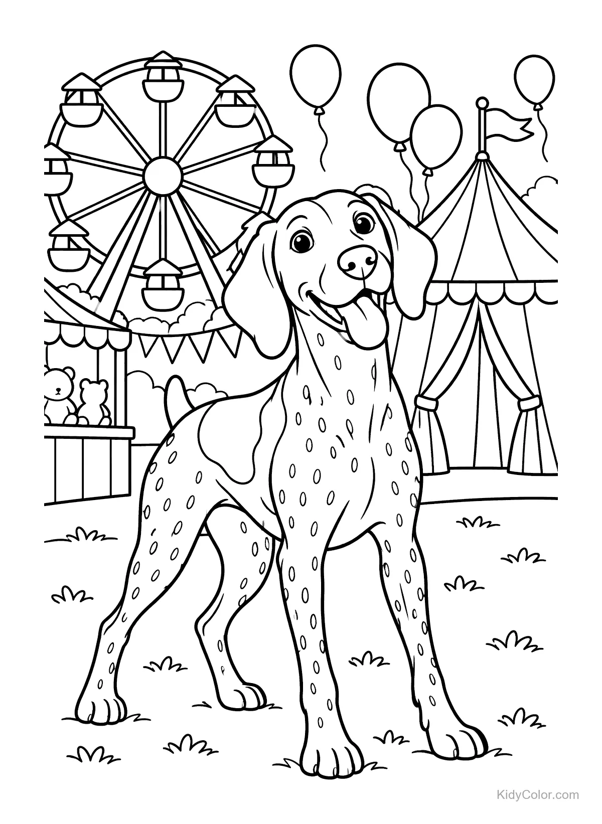 Braque allemand au carnaval avec grande roue et tentes.