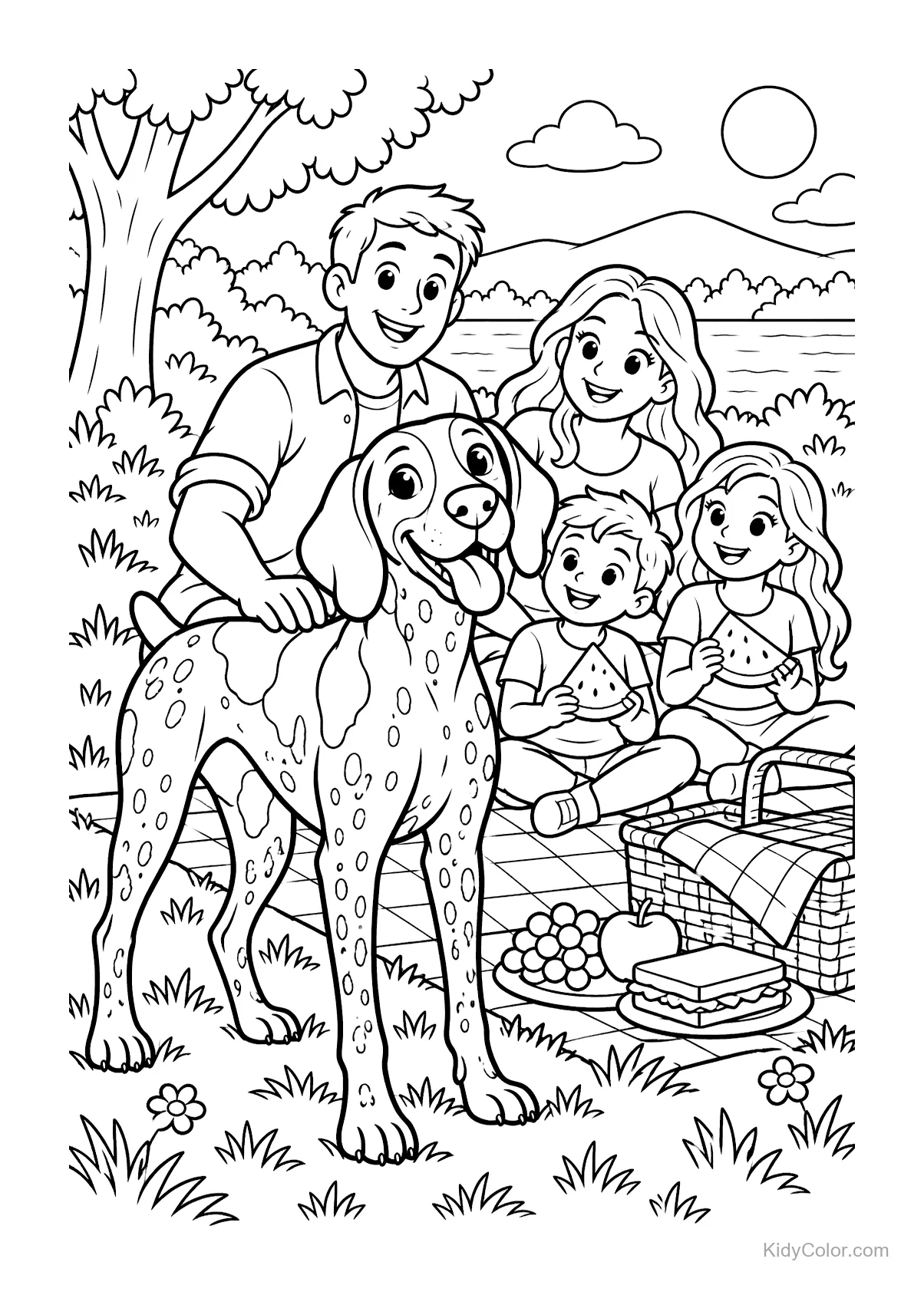Deutsch Kurzhaar mit Familie beim Picknick im Park.