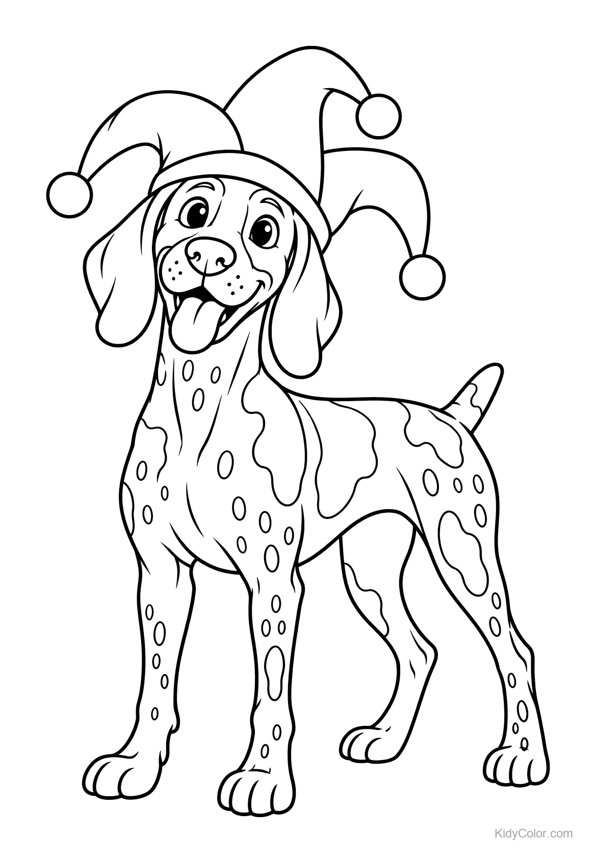 German Shorthaired Pointer wearing a jester hat, smiling.