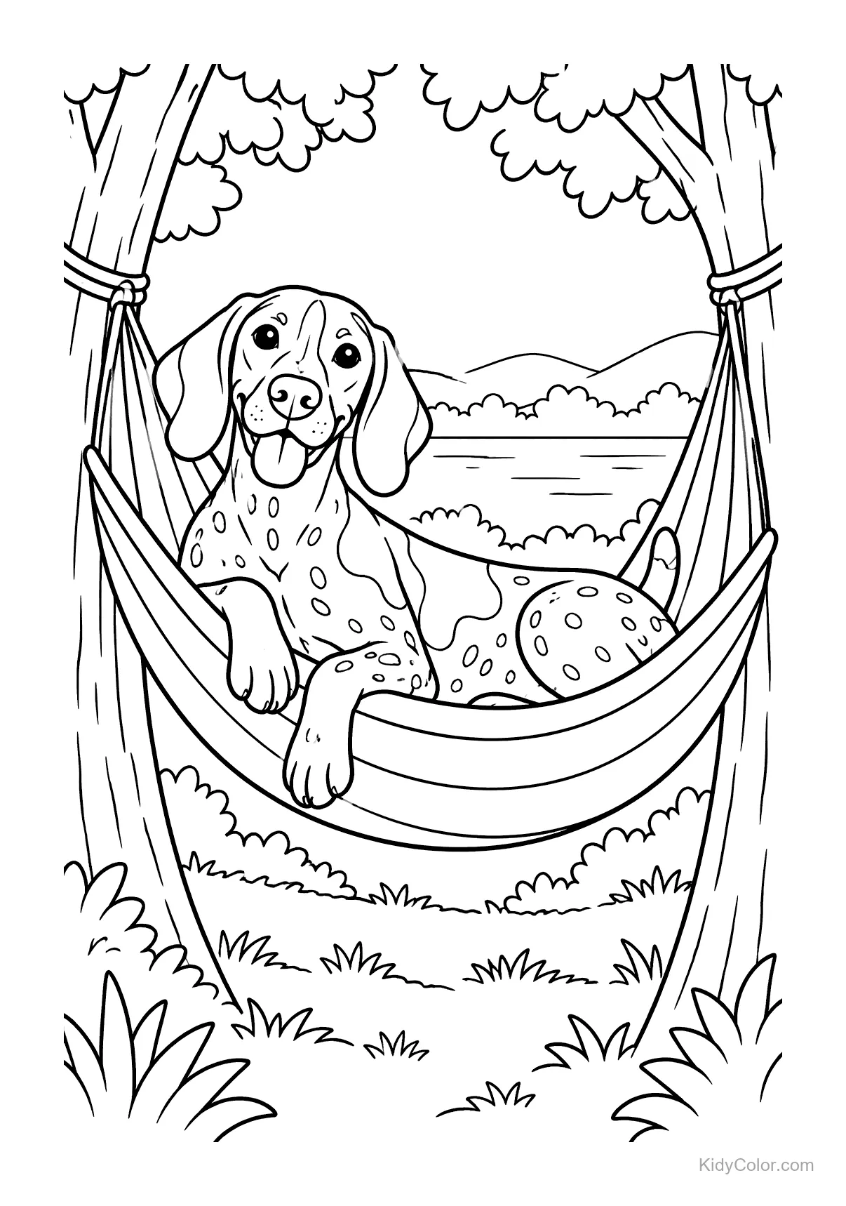 German Shorthaired Pointer lounging in a hammock between two trees.