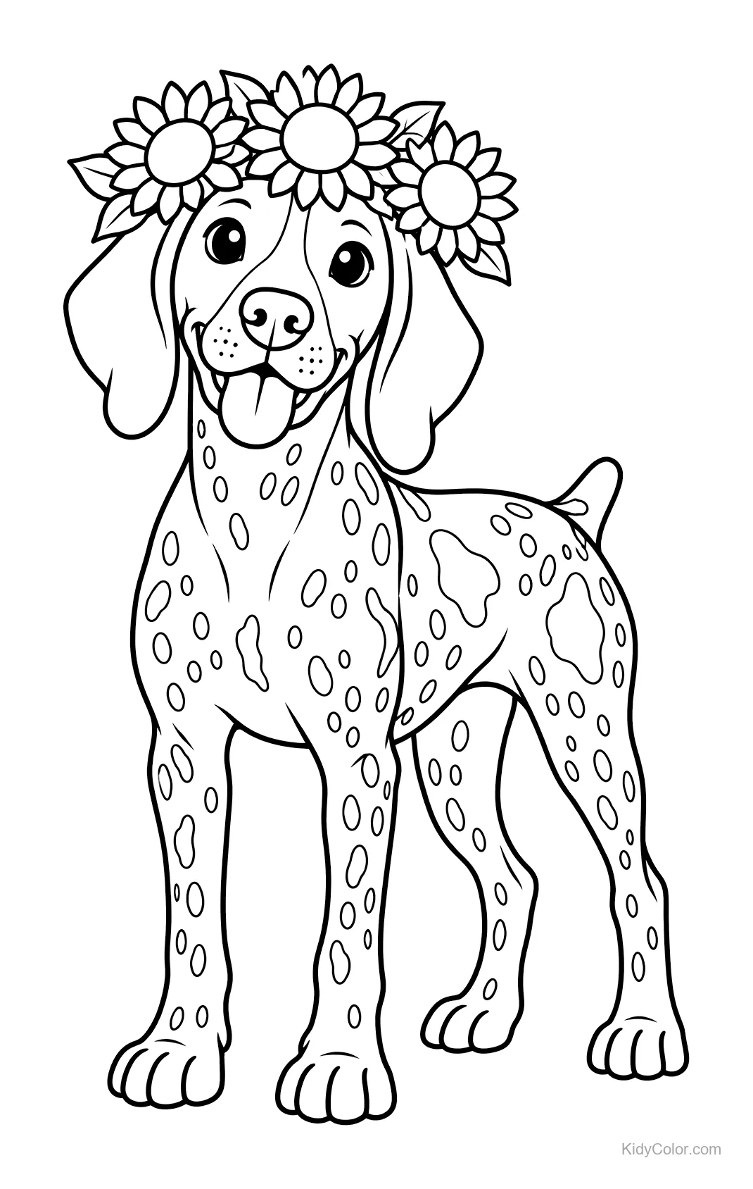 Duitse staande hond met een zonnebloemkroon.