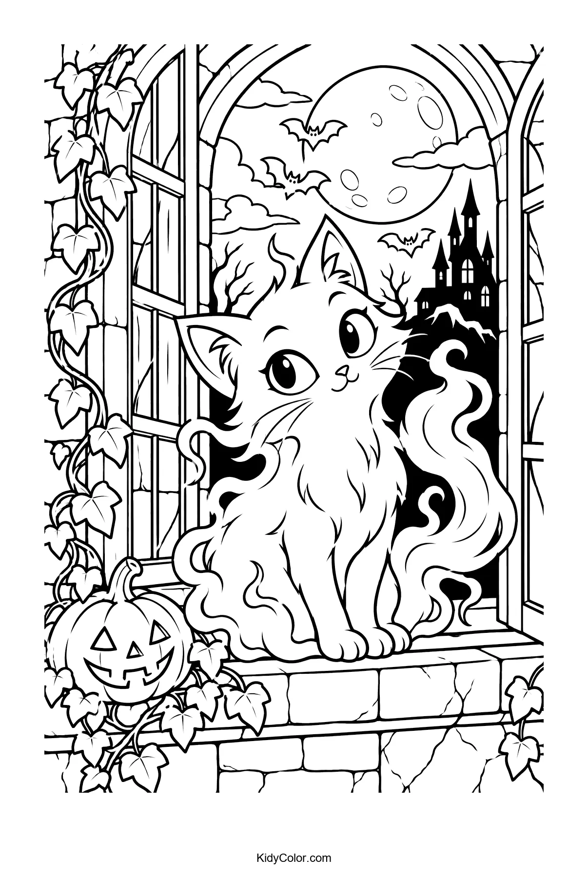 Ghostly cat on a windowsill with pumpkin and haunted house.