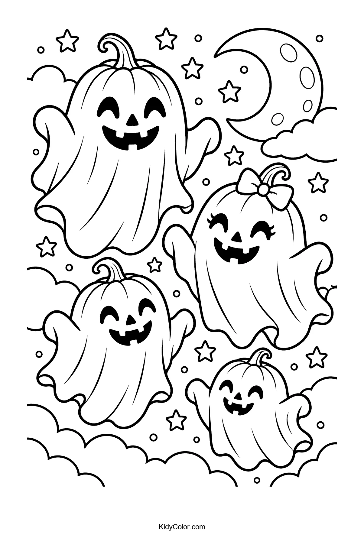 Ghost pumpkin family floating among stars and moon.