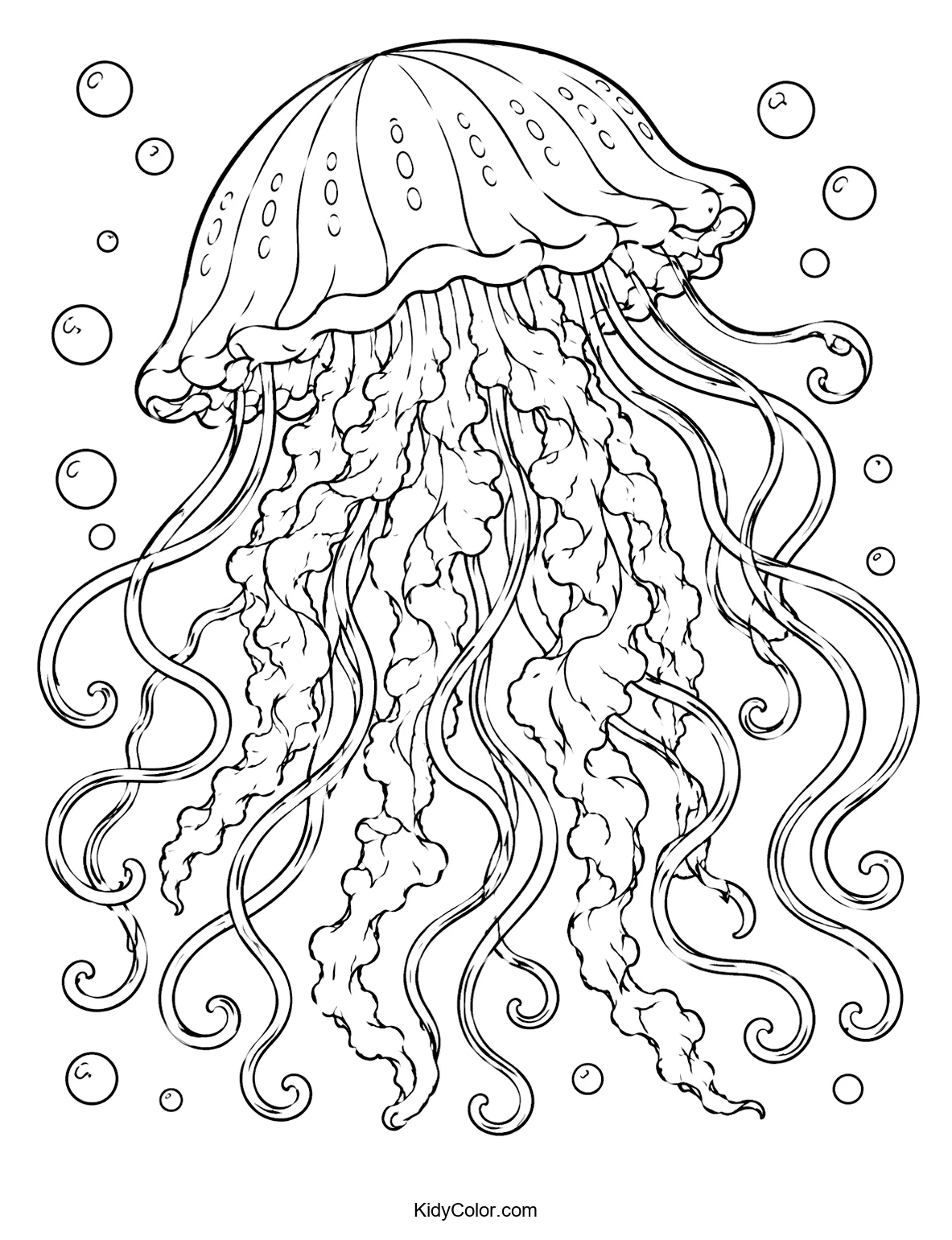 Giant jellyfish with flowing tentacles among bubbles.