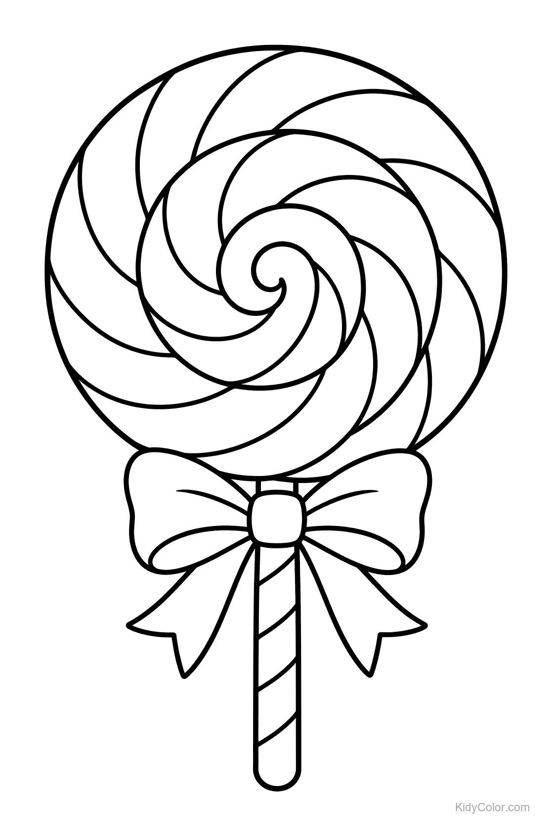 Giant swirl lollipop with a bow and striped stick.