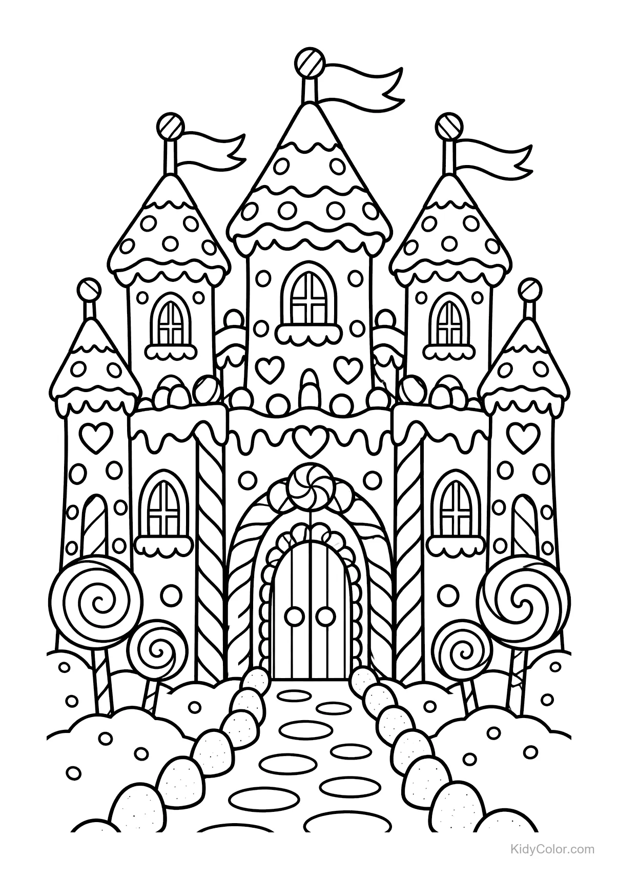 Gingerbread castle with icing, candy decorations, and lollipops.