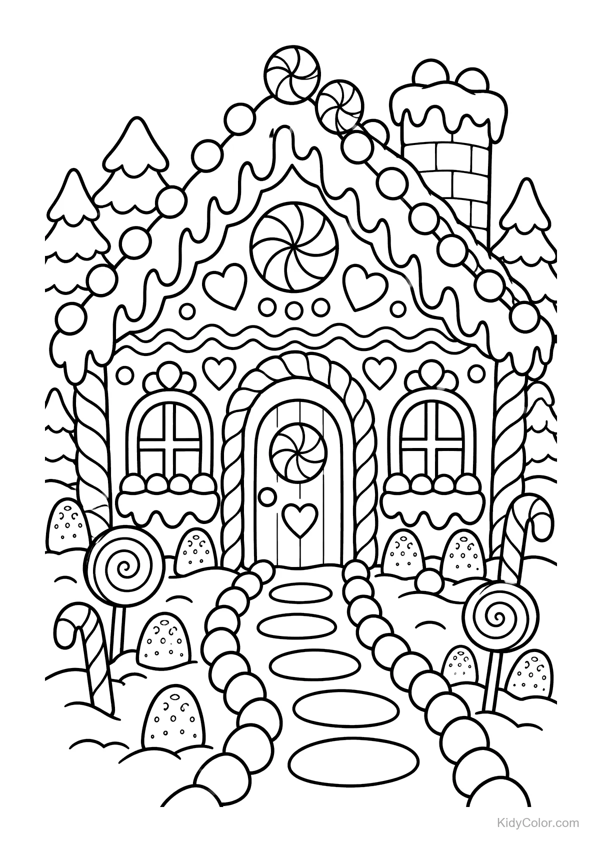 A gingerbread house with candy decorations and snowy trees.