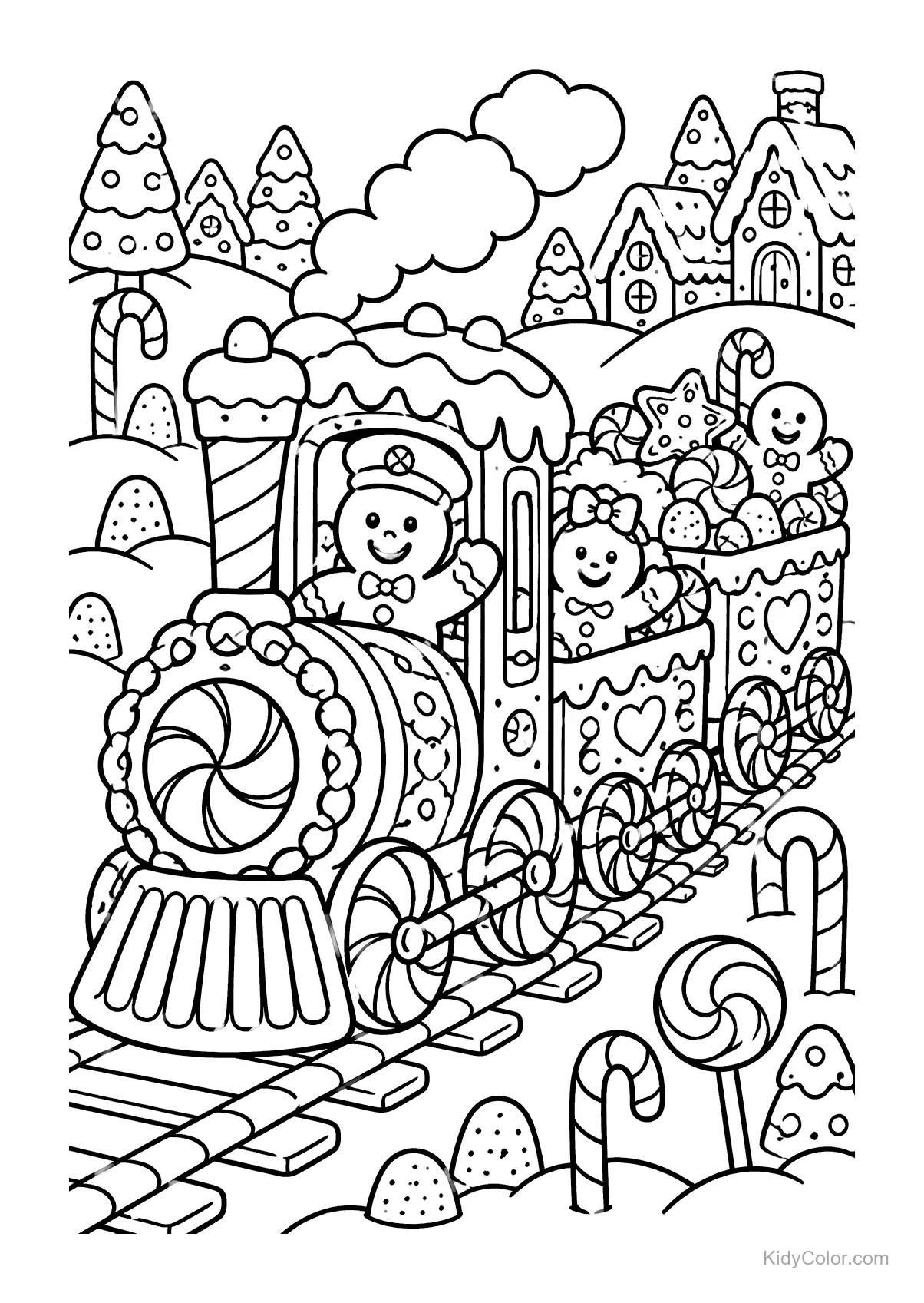 Tren de jengibre con dulces, galletas y figuras de jengibre en un pueblo nevado.