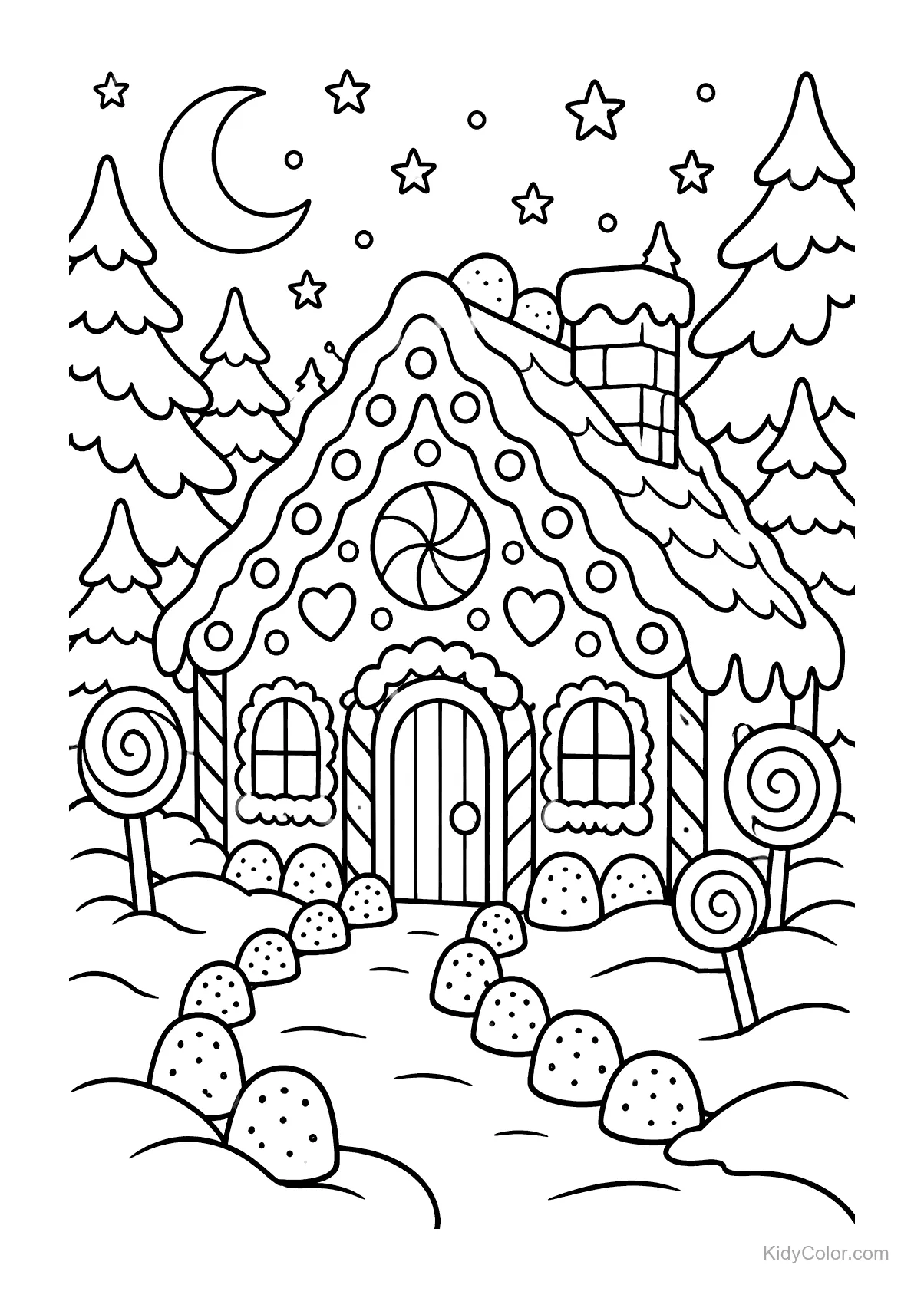 Casita de jengibre con camino de dulces bajo estrellas y luna.