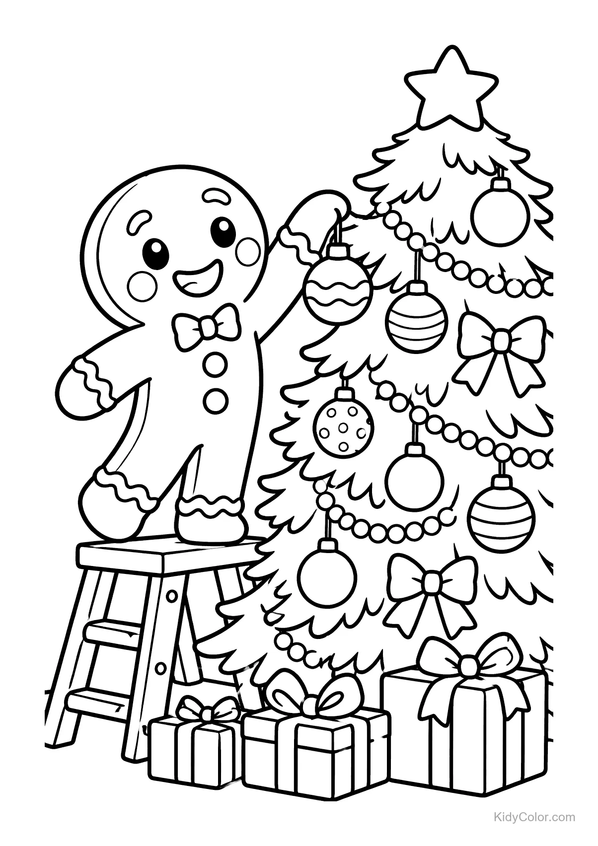A gingerbread person standing on a ladder, decorating a Christmas tree with ornaments.
