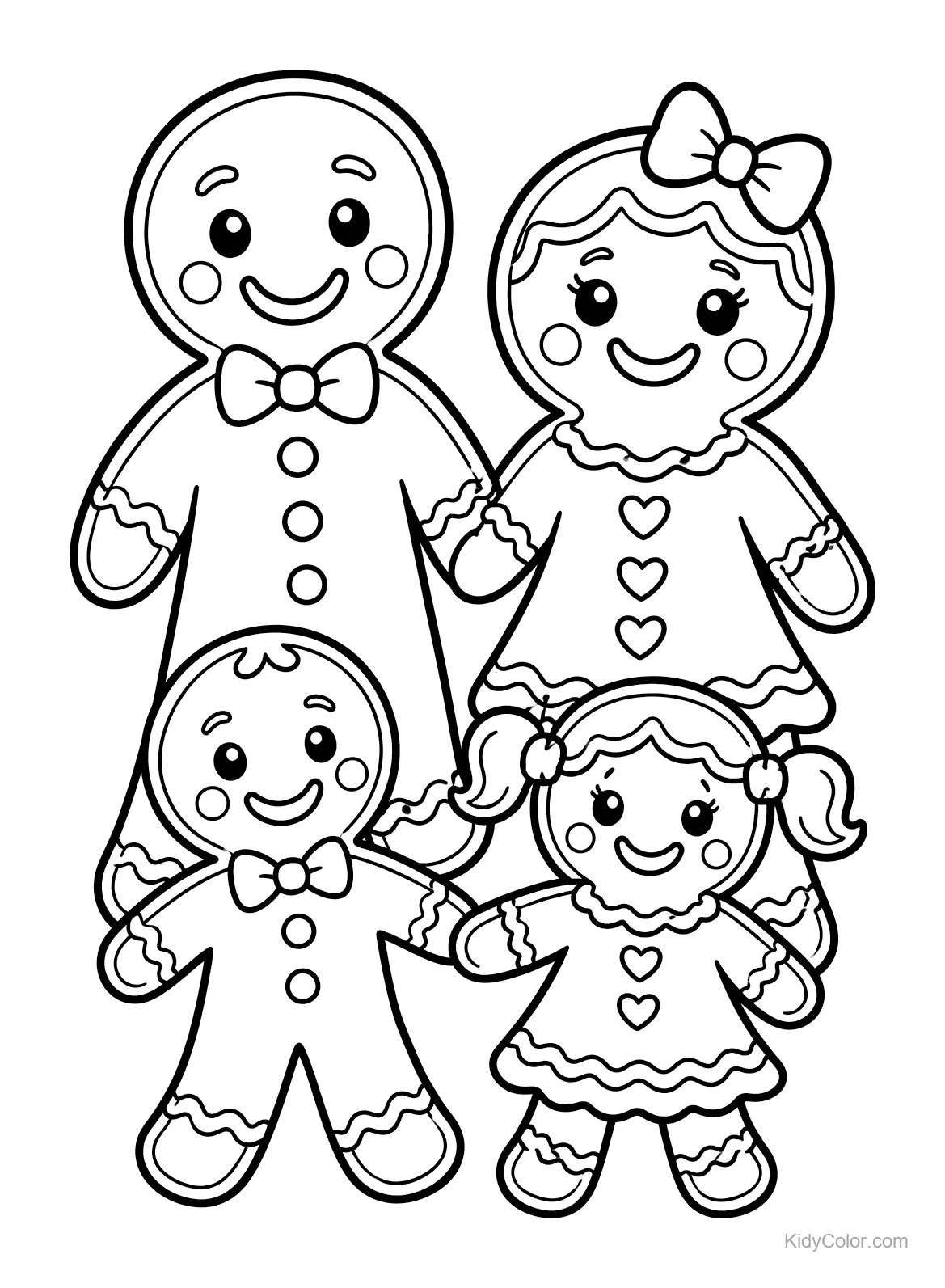 Familia de jengibre con dos adultos y dos niños en ropa festiva.