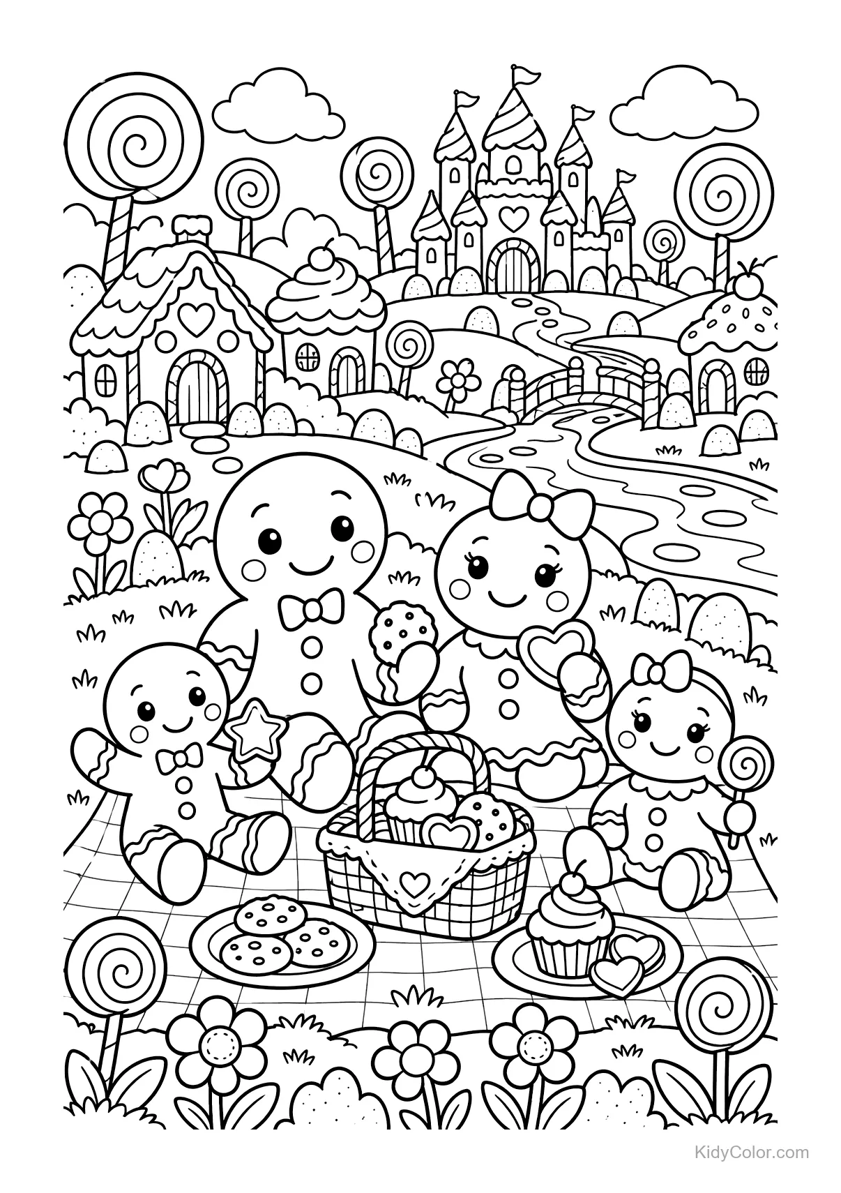 Familia de jengibre haciendo picnic junto a casas de caramelo y un castillo.